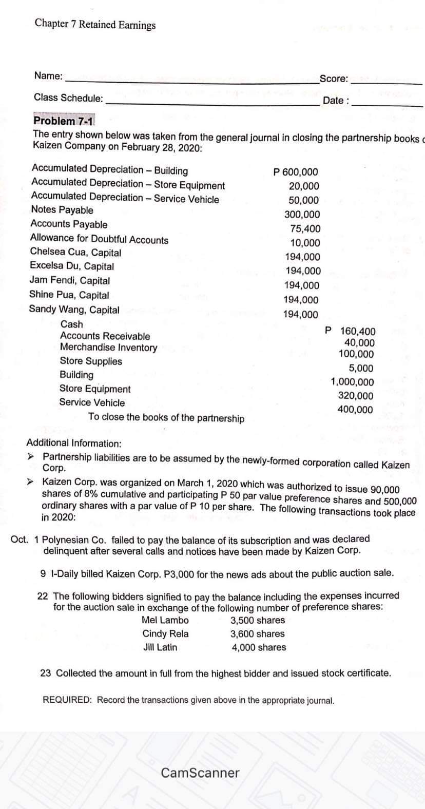 Chapter 7 Retained Earnings Name: Score: Class