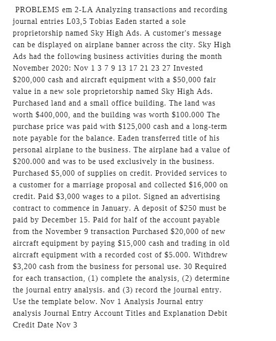 PROBLEMS em 2-LA Analyzing transactions and