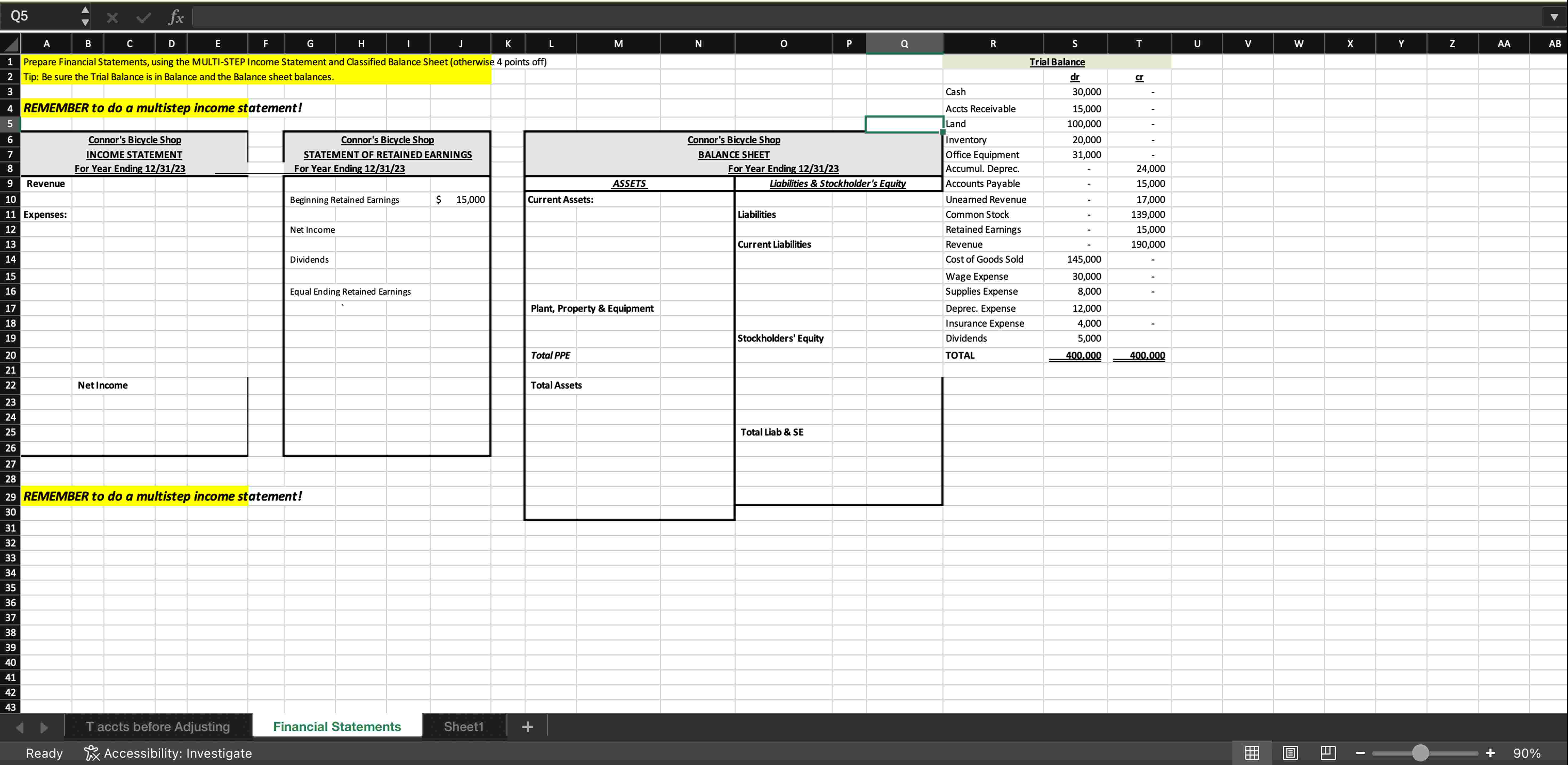 Prepare Financial Statements, using the MULTI -