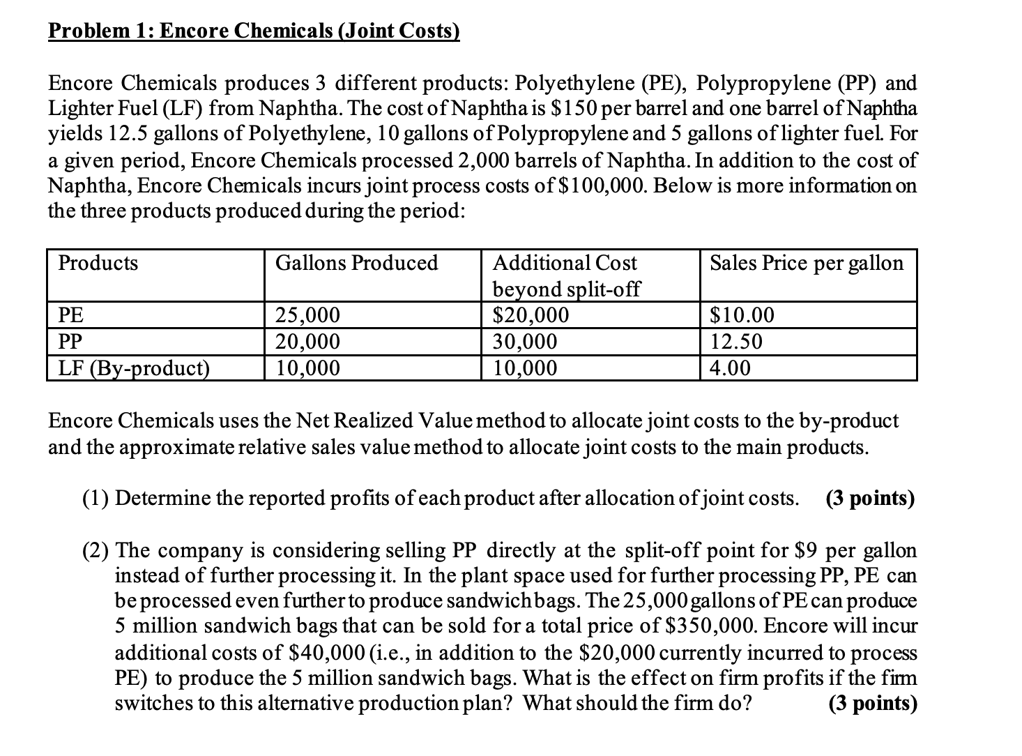 Problem 1: Encore Chemicals (Joint Costs) Encore