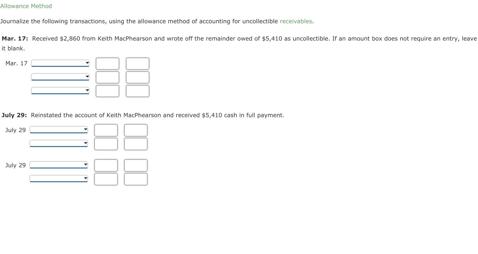 Allowance Method Journalize the following