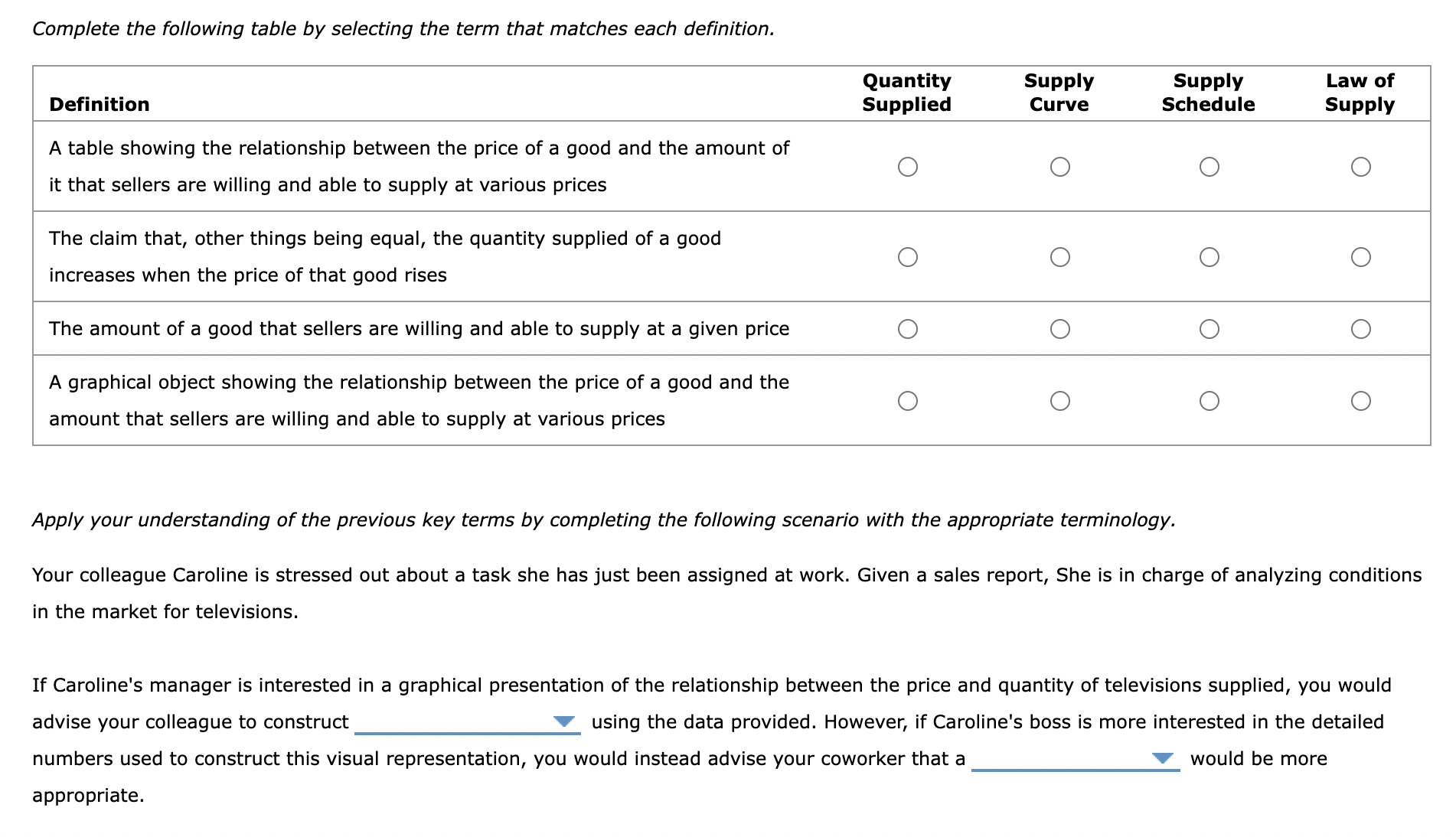 Complete the following table by selecting the