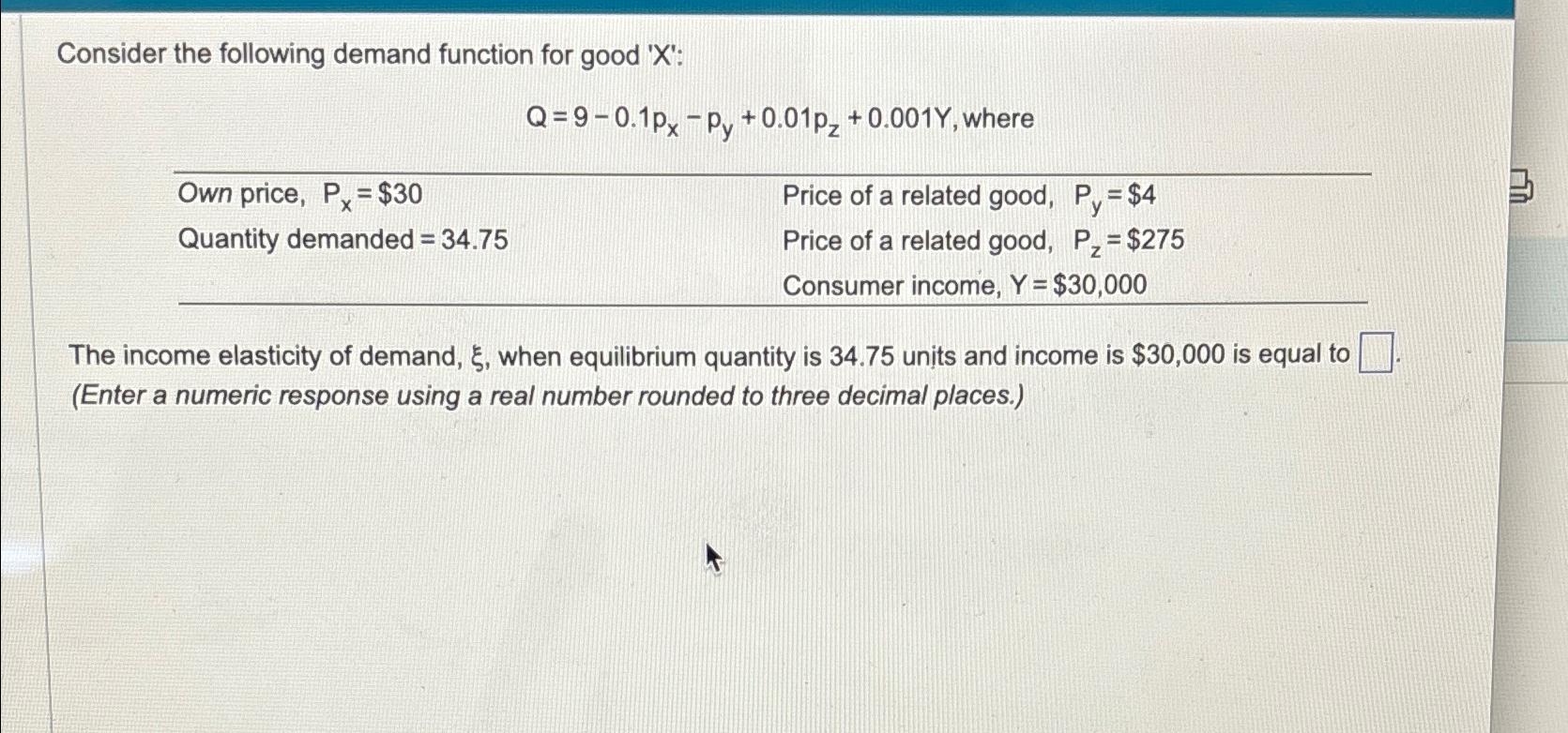 Consider the following demand function for good '