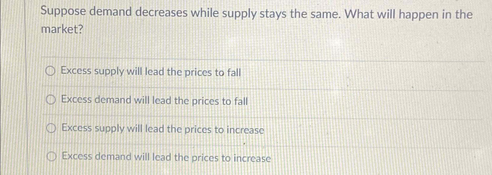 Suppose demand decreases while supply stays the