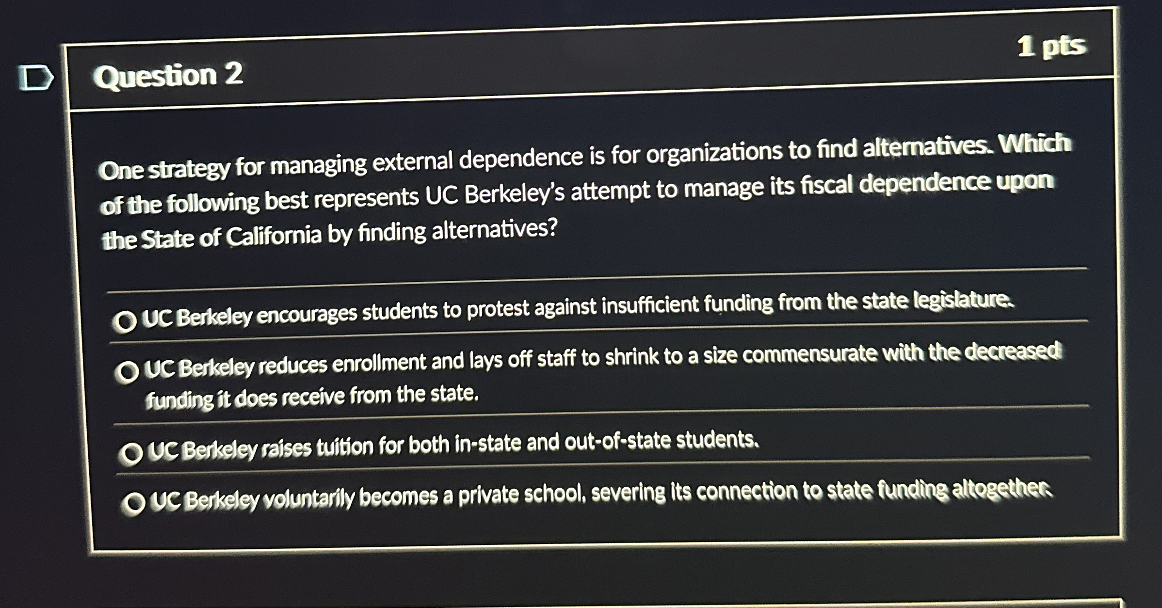 Question 2 1 pts One strategy for managing