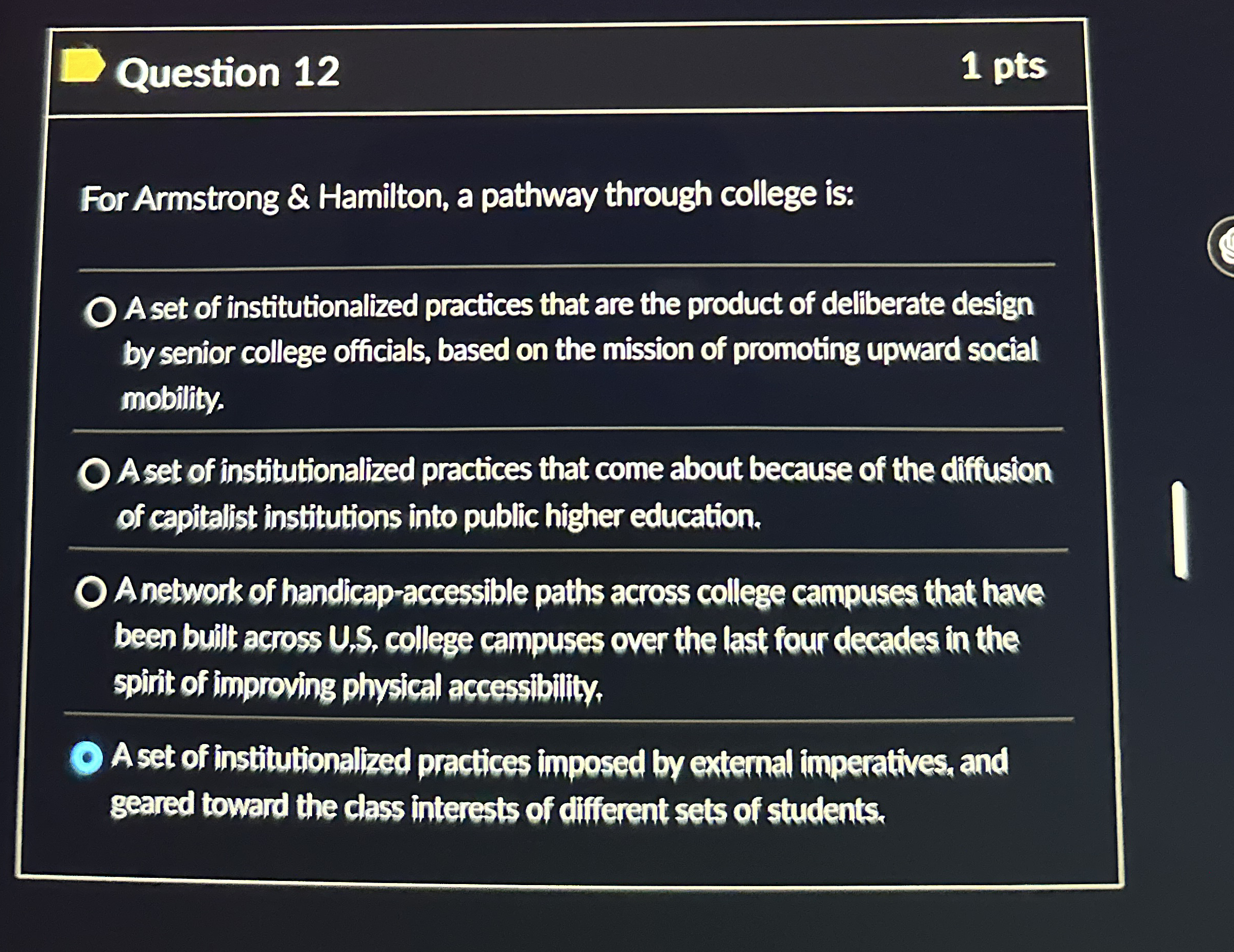 Question 1 2 1 pts For Armstrong & Hamilton, a
