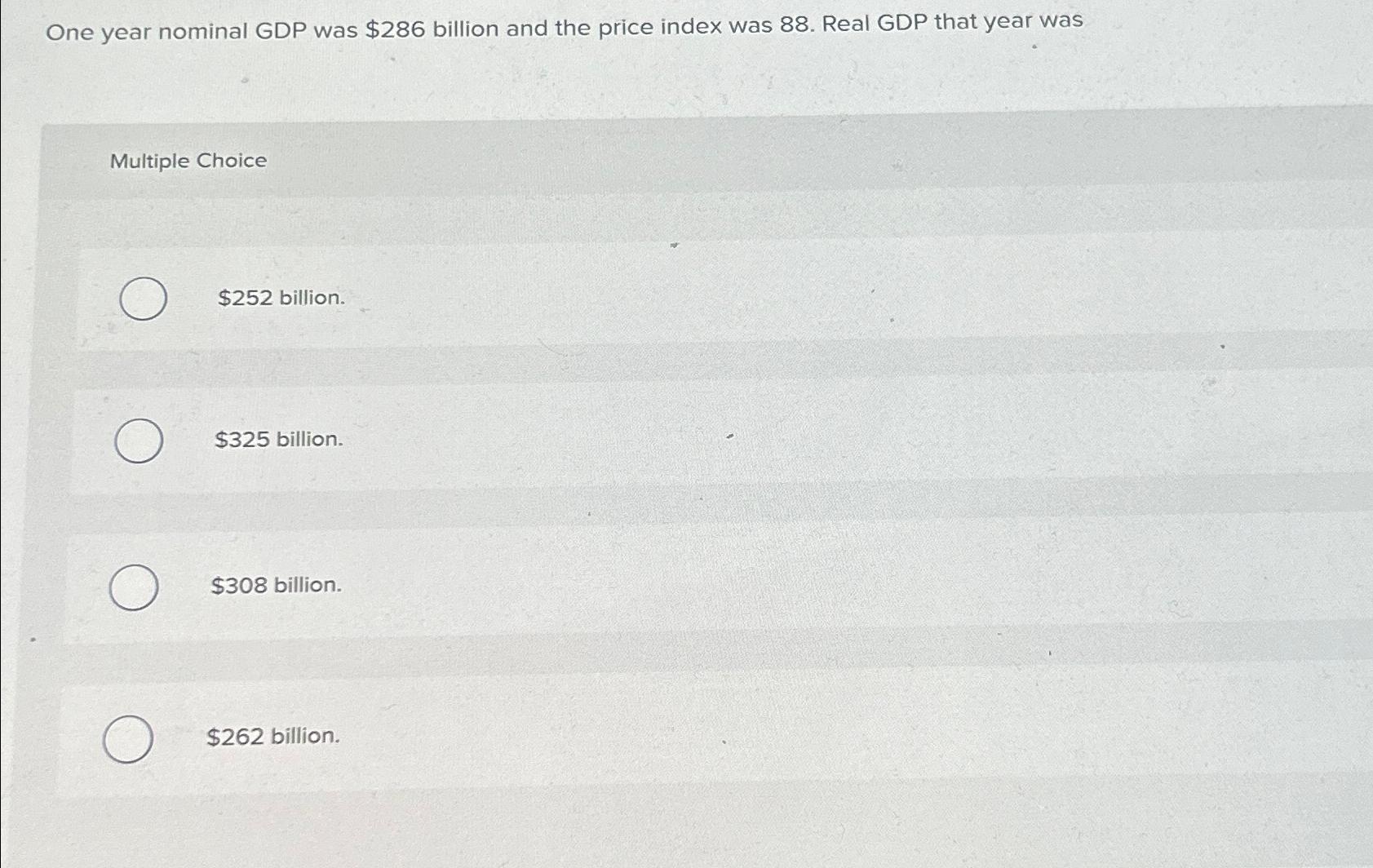 One year nominal GDP was $ 2 8 6 billion and the