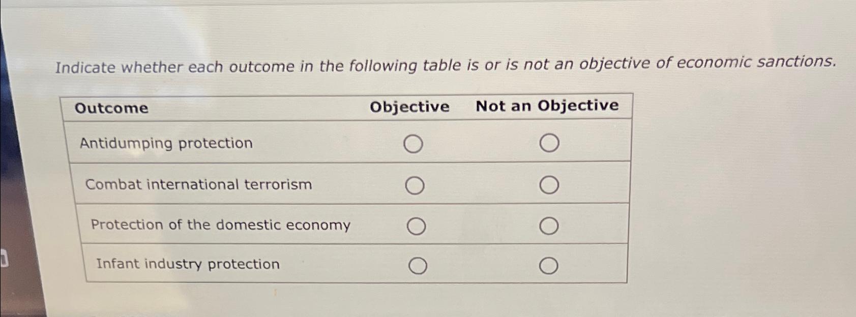 Indicate whether each outcome in the following