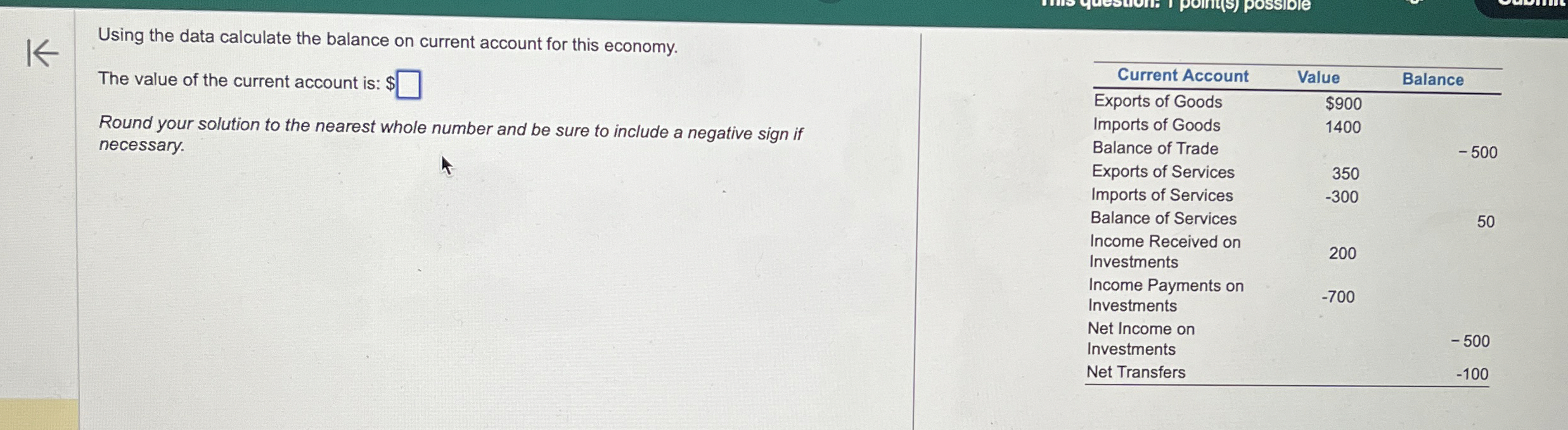 Using the data calculate the balance on current