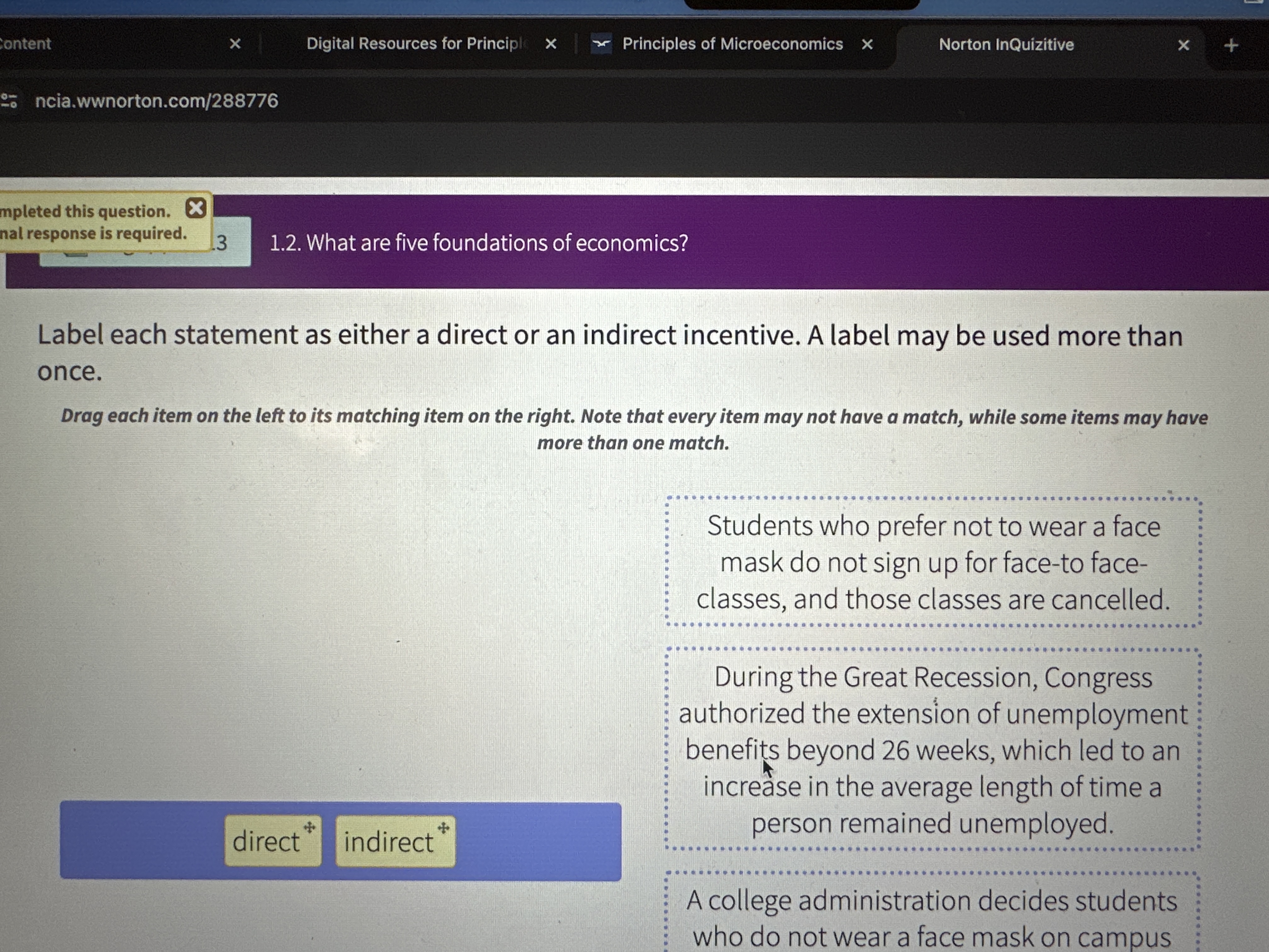 Label each statement as either a direct or an