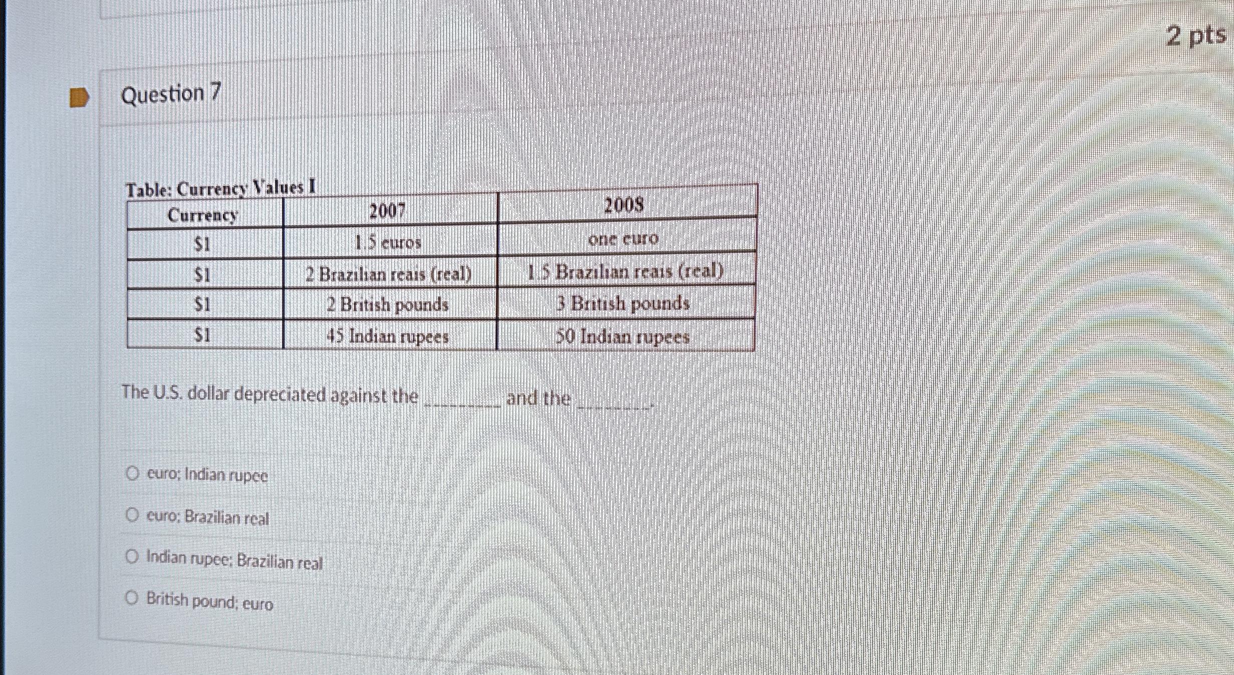 Question 7 Table: Currency Values I \ table [ [