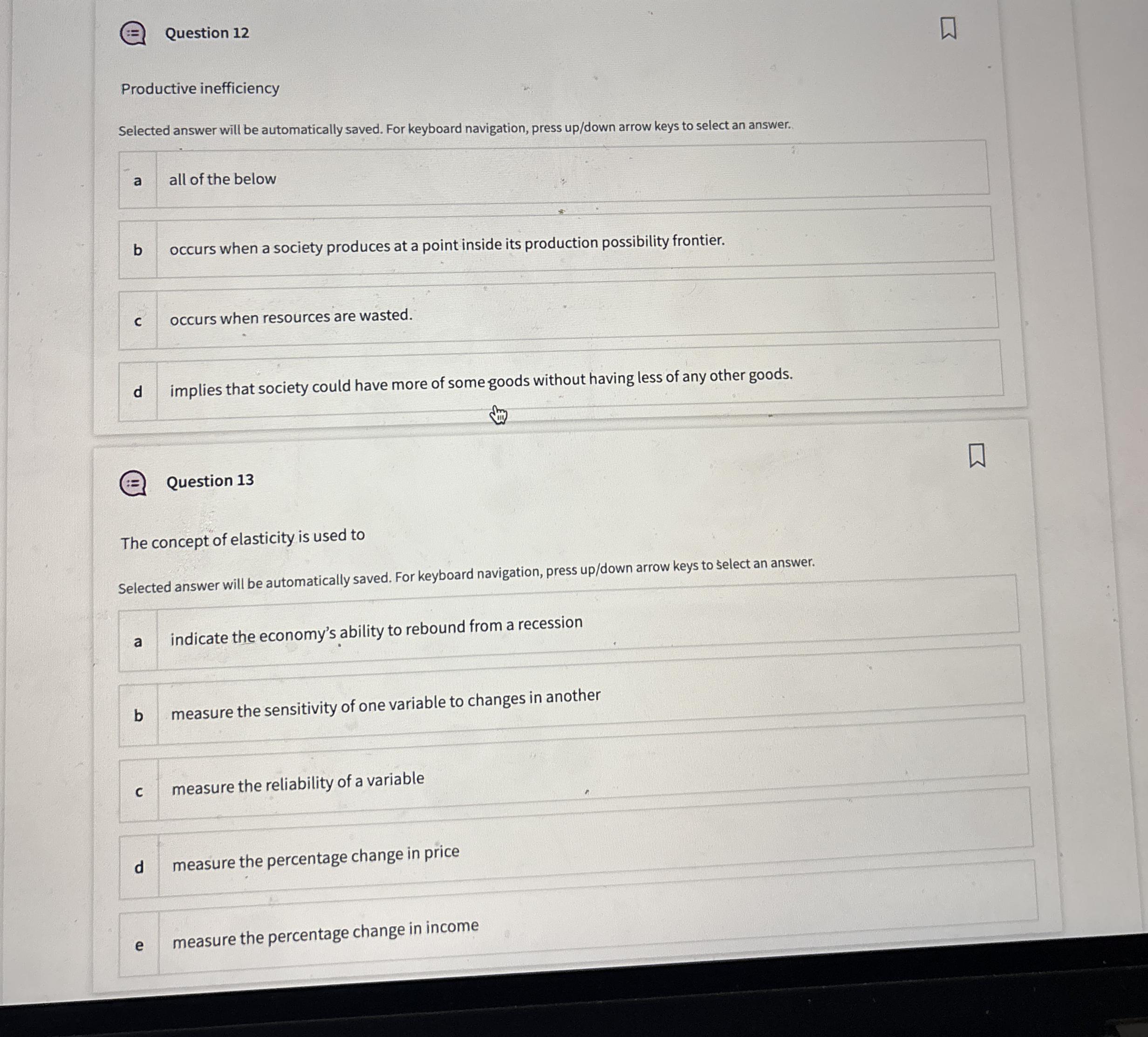 Question 1 2 Productive inefficiency Selected