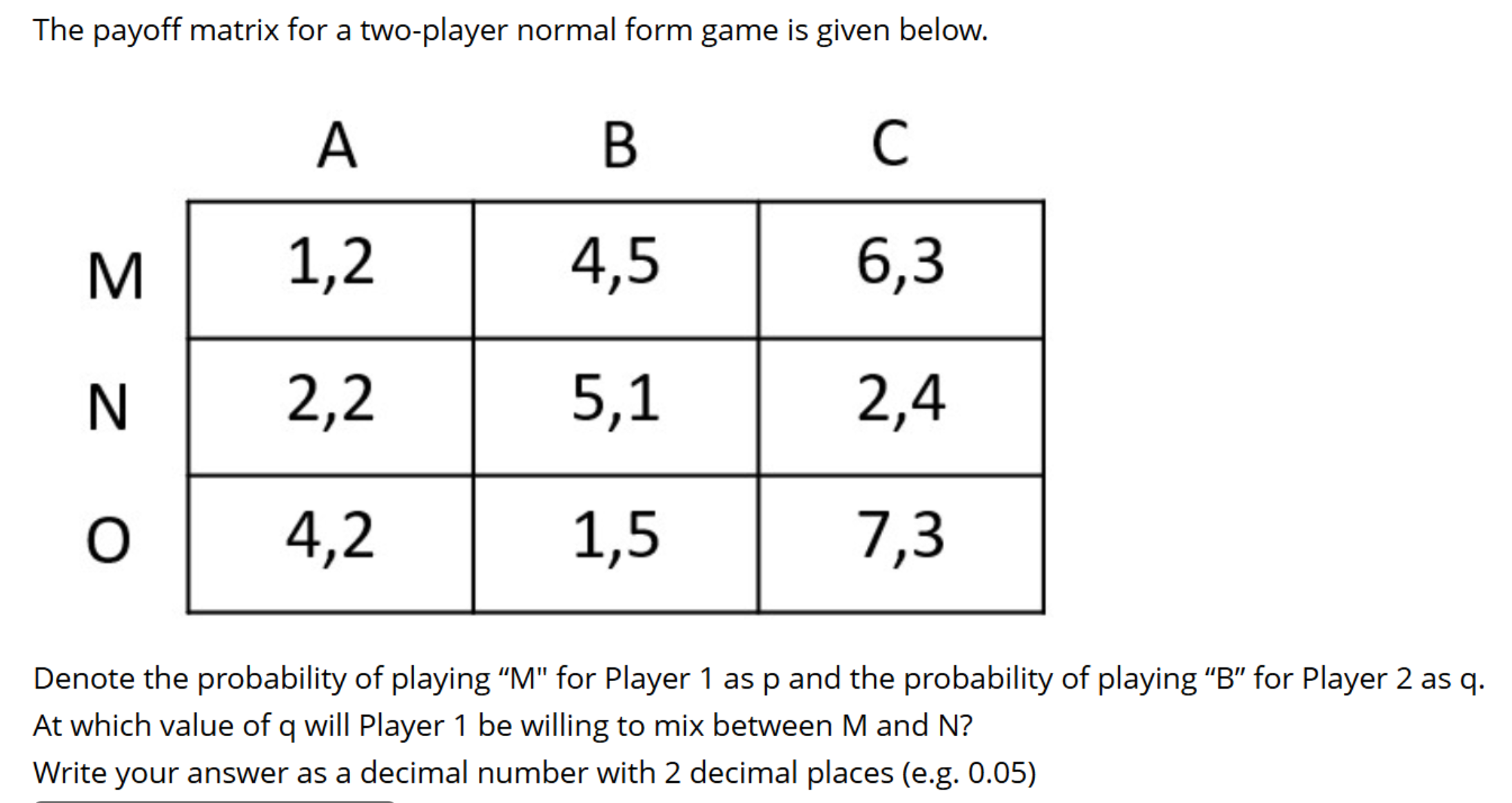 The payoff matrix for a two - player normal form