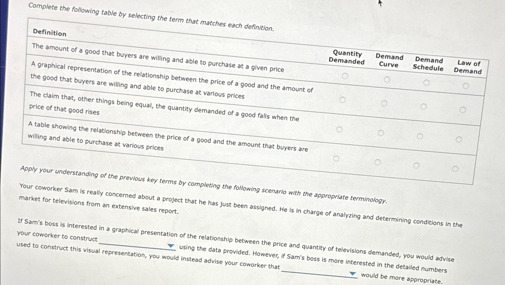 Complete the following table by selecting the