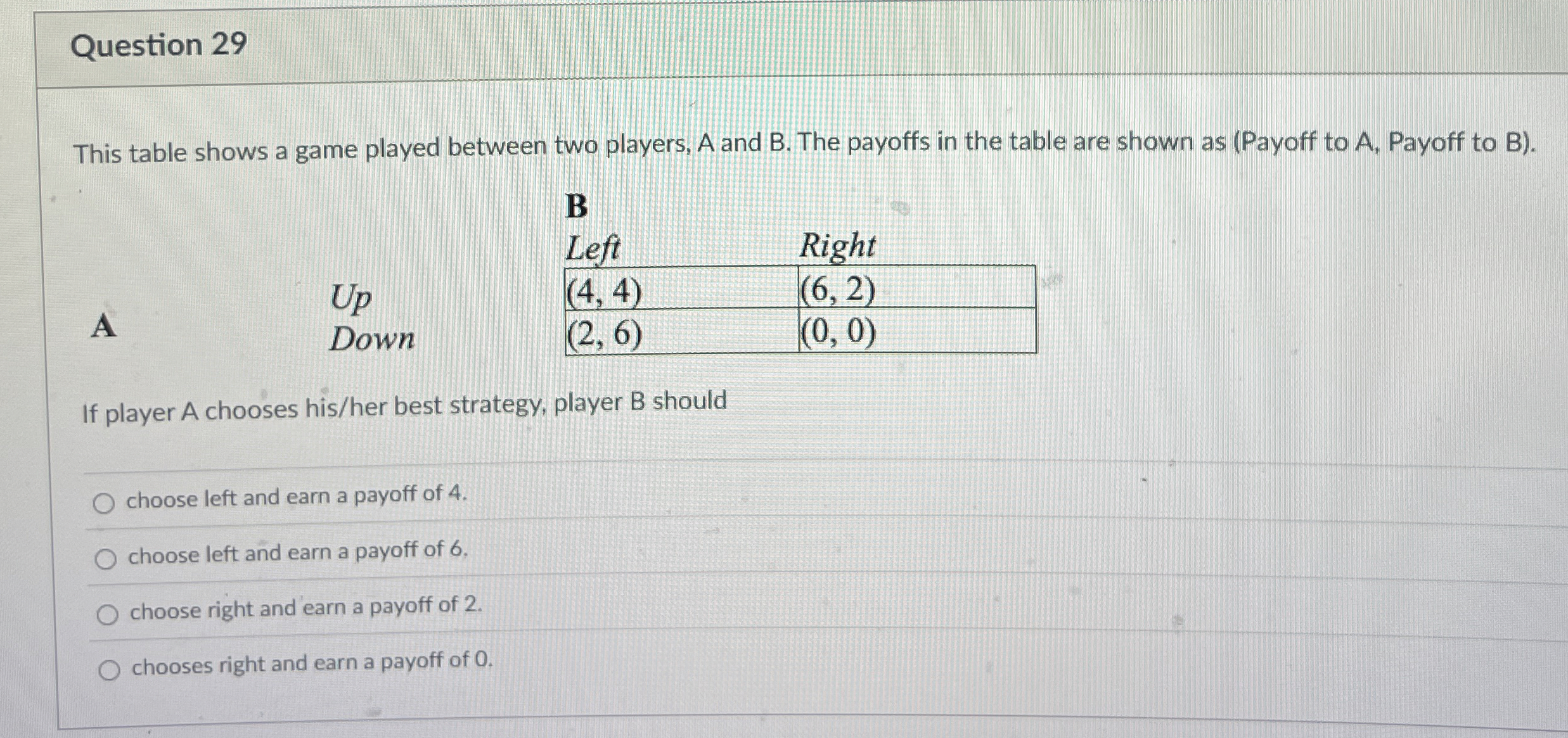 Question 2 9 This table shows a game played