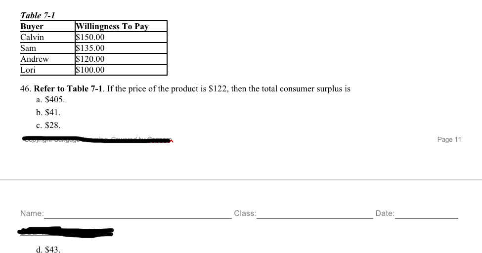 Table 7 - 1 Refer to Table 7 - 1 . If the price