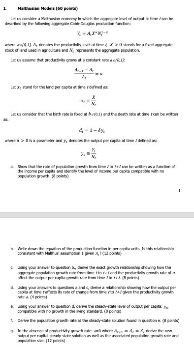I. Malthusian Models ( 6 0 points ) Let us