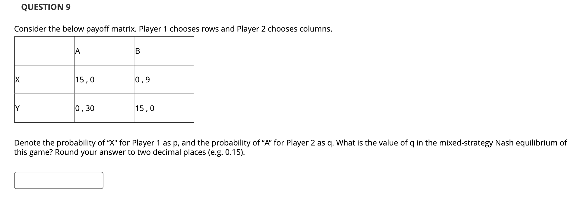 QUESTION 9 Consider the below payoff matrix.