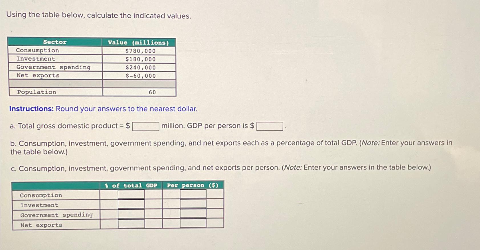 Using the table below, calculate the indicated