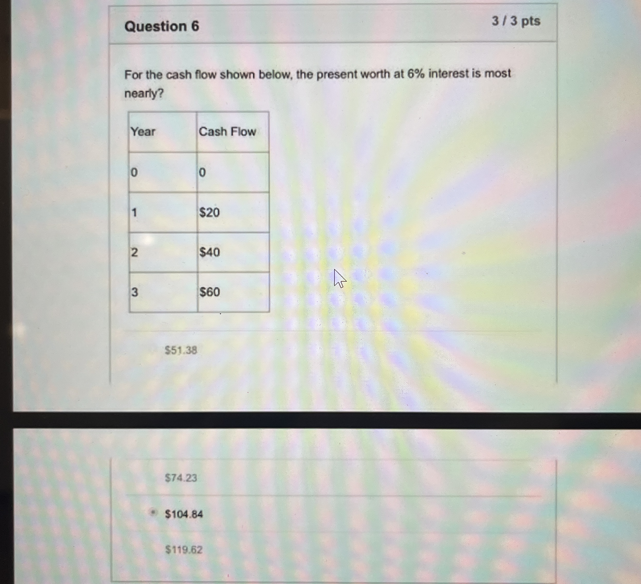 Question 6 3 3 pts For the cash flow shown below,