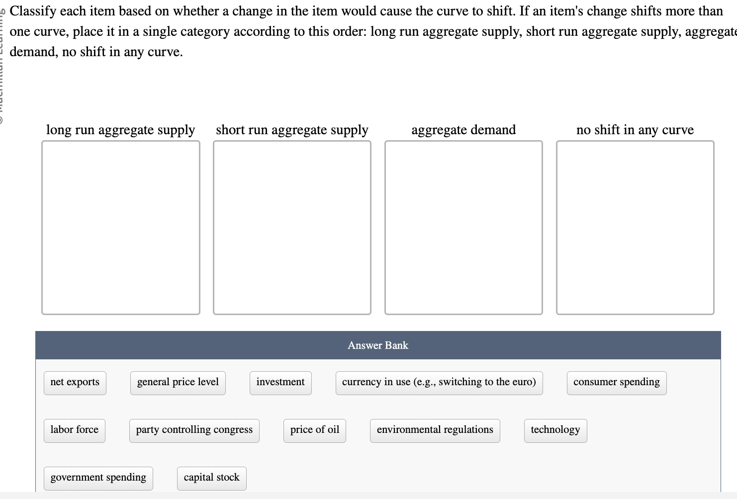 Classify each item based on whether a change in