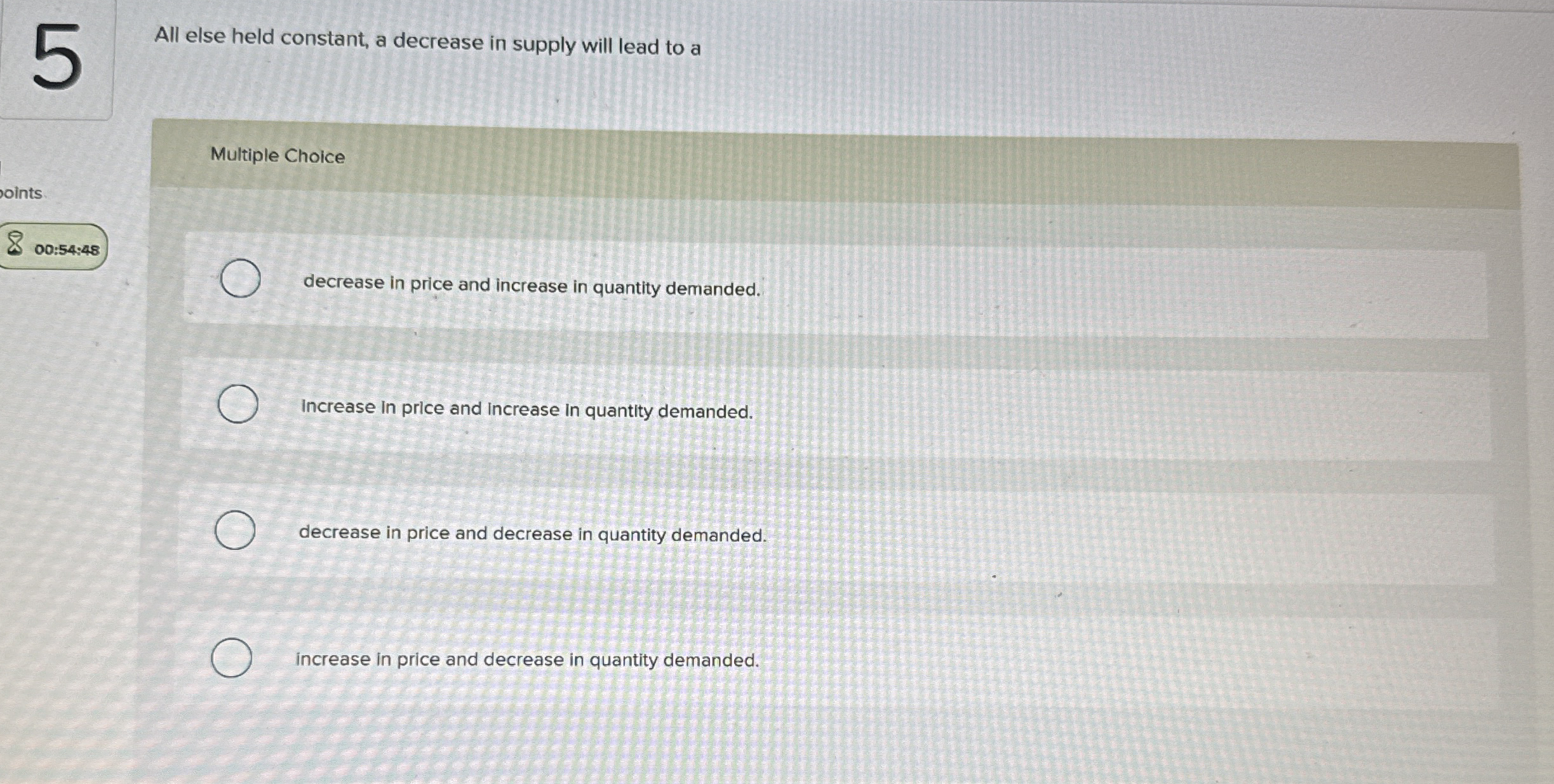 All else held constant, a decrease in supply will