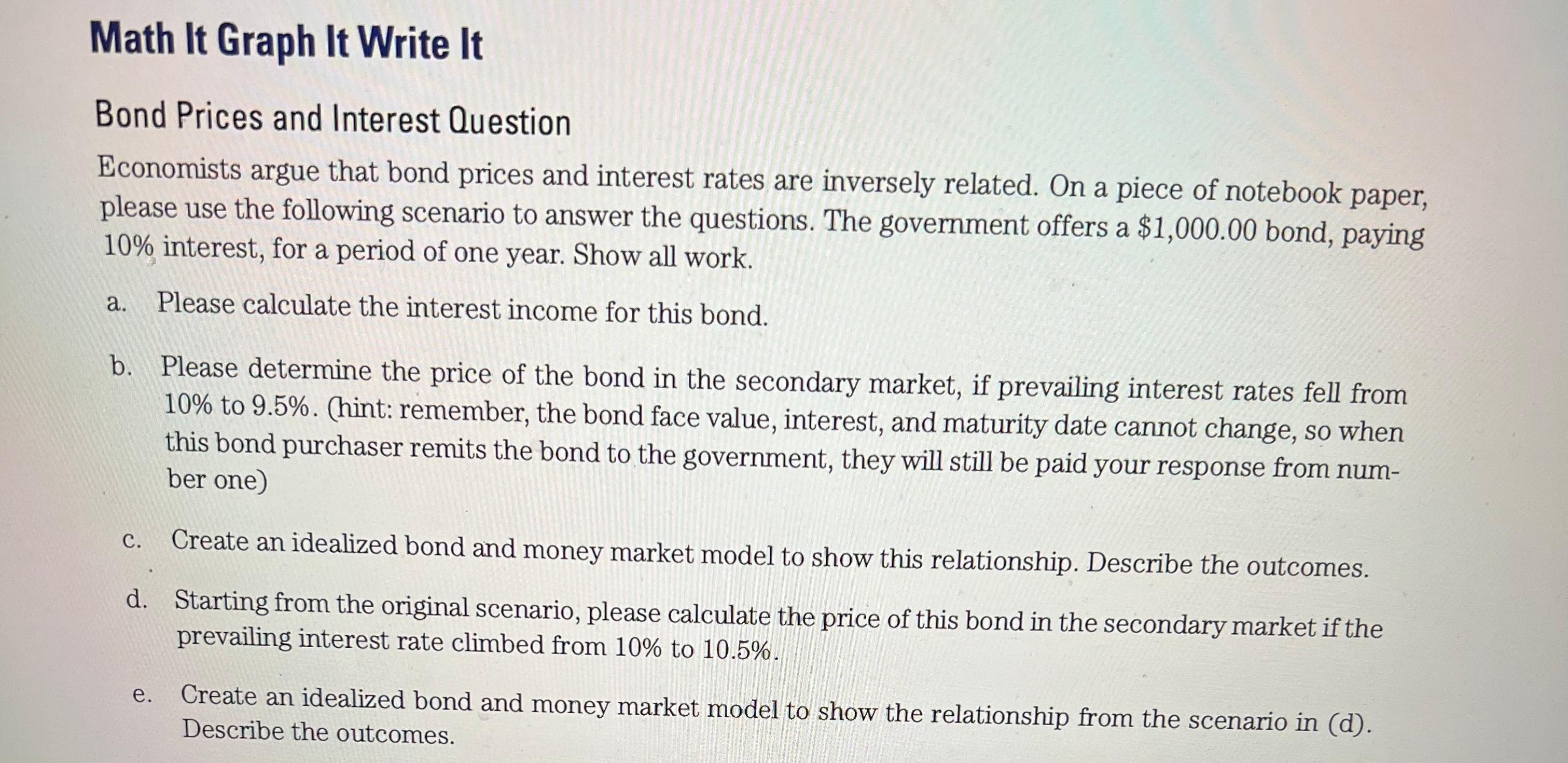 Math It Graph It Write It Bond Prices and