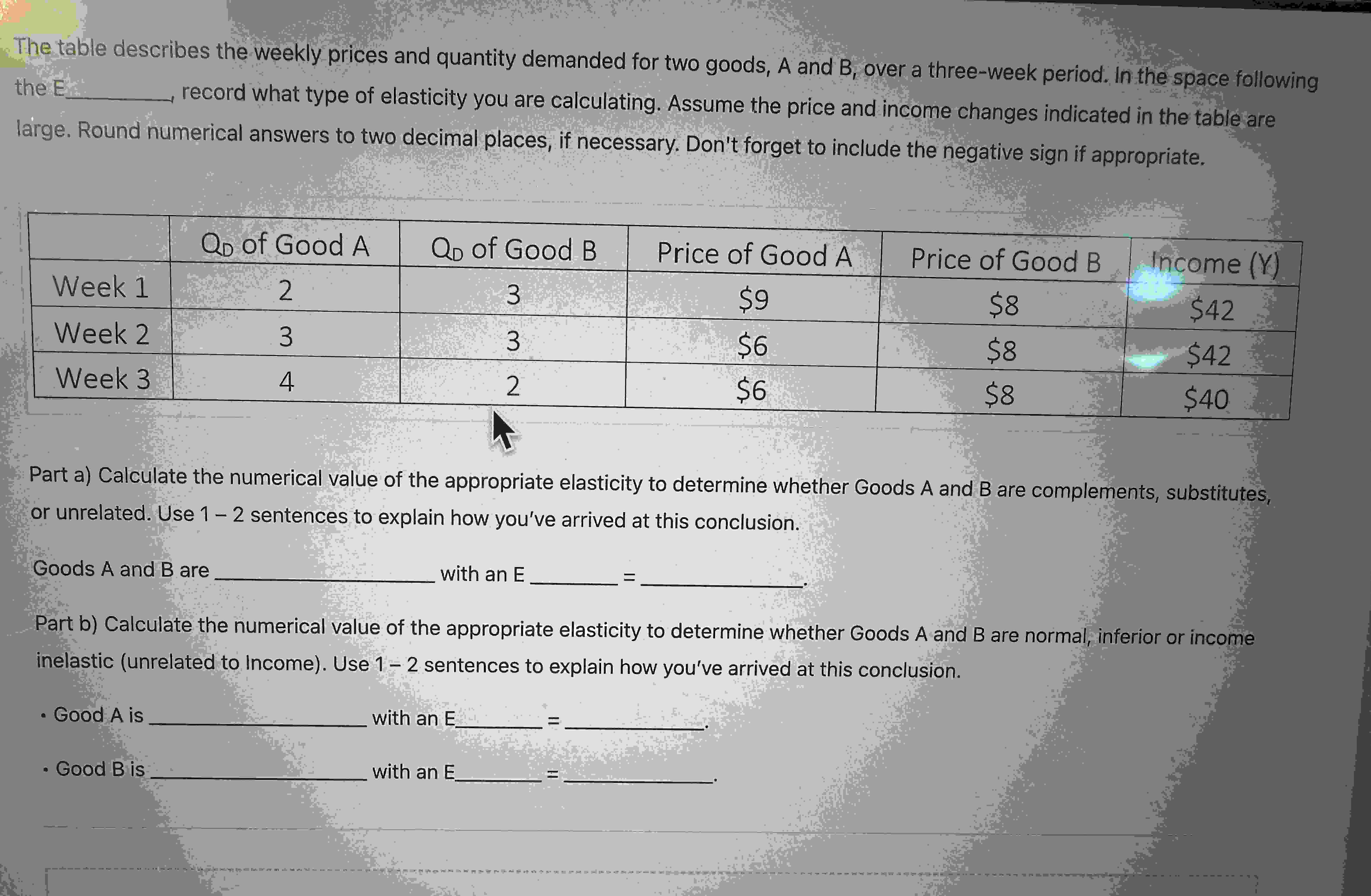 The table describes the weekly prices and