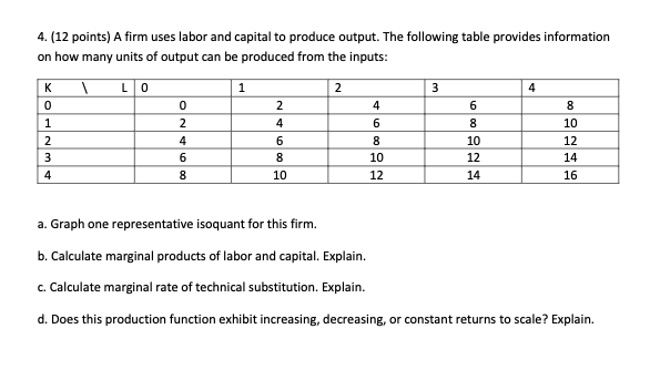 4 . ( 1 2 points ) A firm uses labor and capital