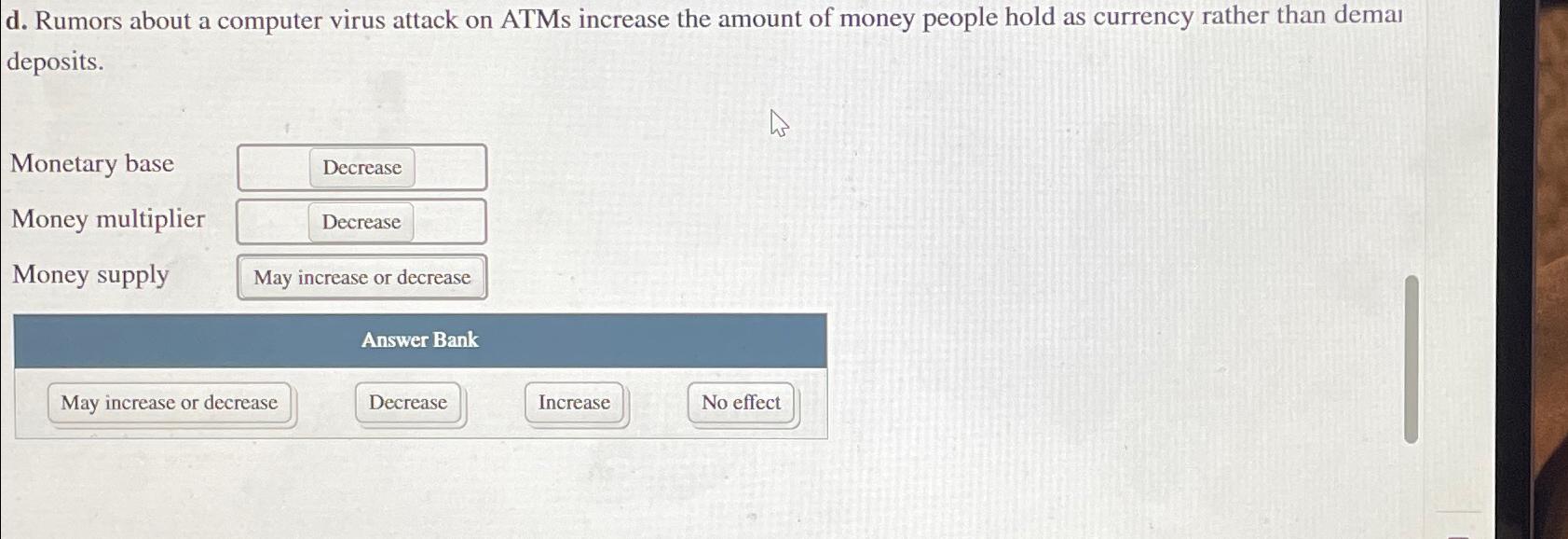 d . Rumors about a computer virus attack on ATMs