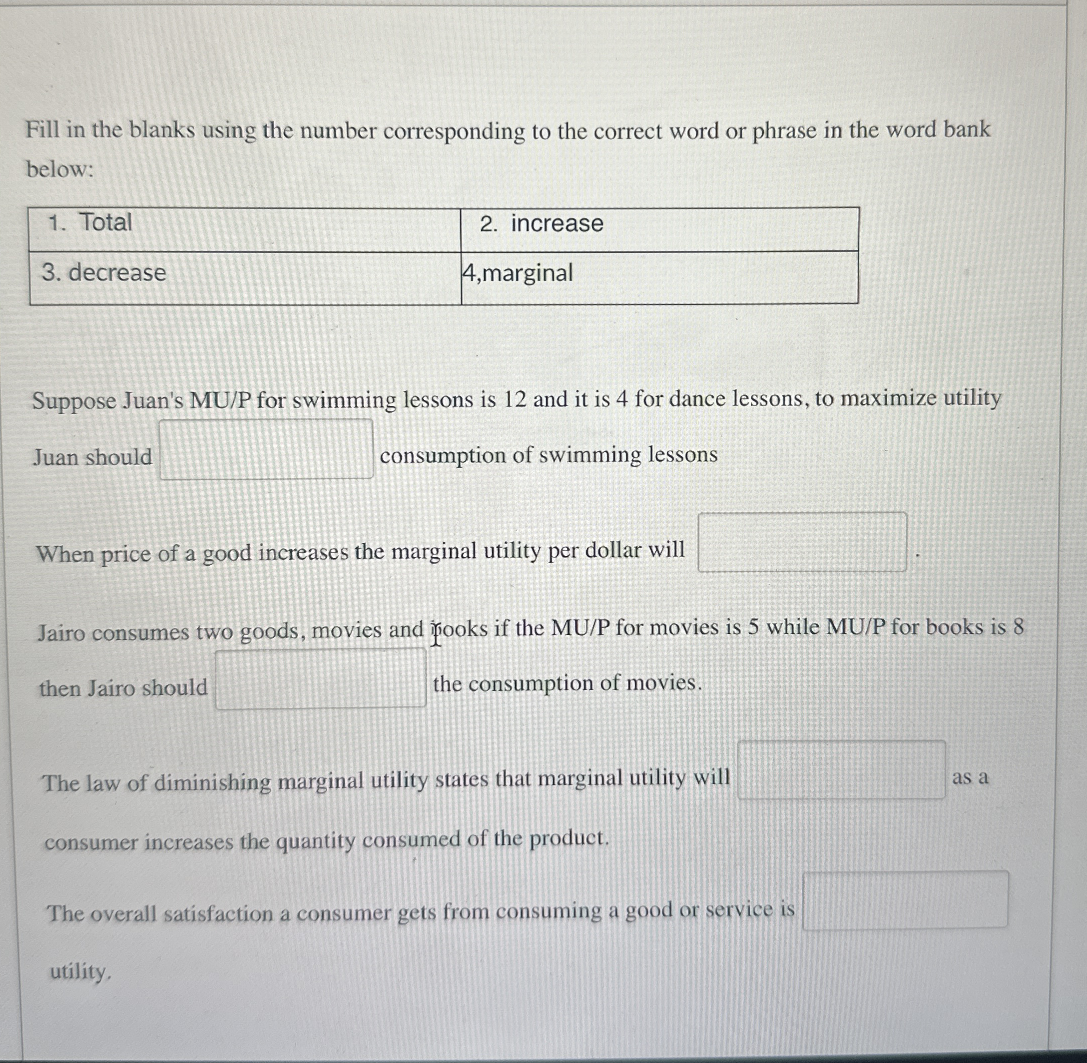 Fill in the blanks using the number corresponding