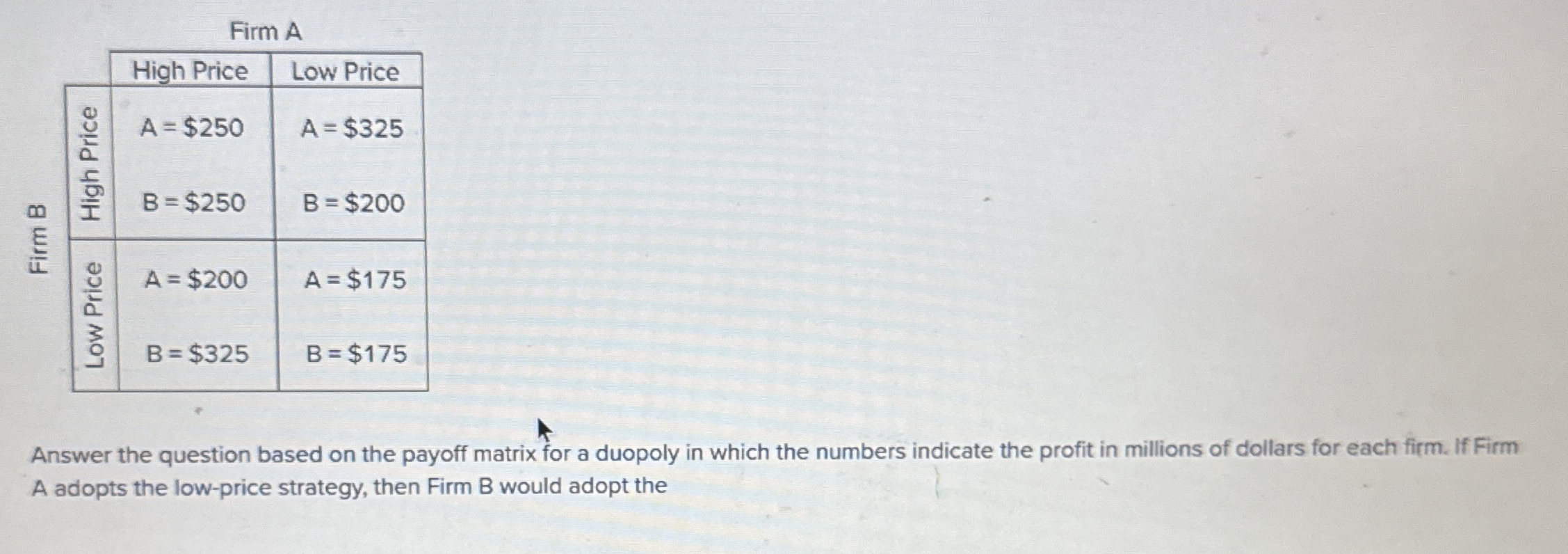 Firm A Answer the question based on the payoff