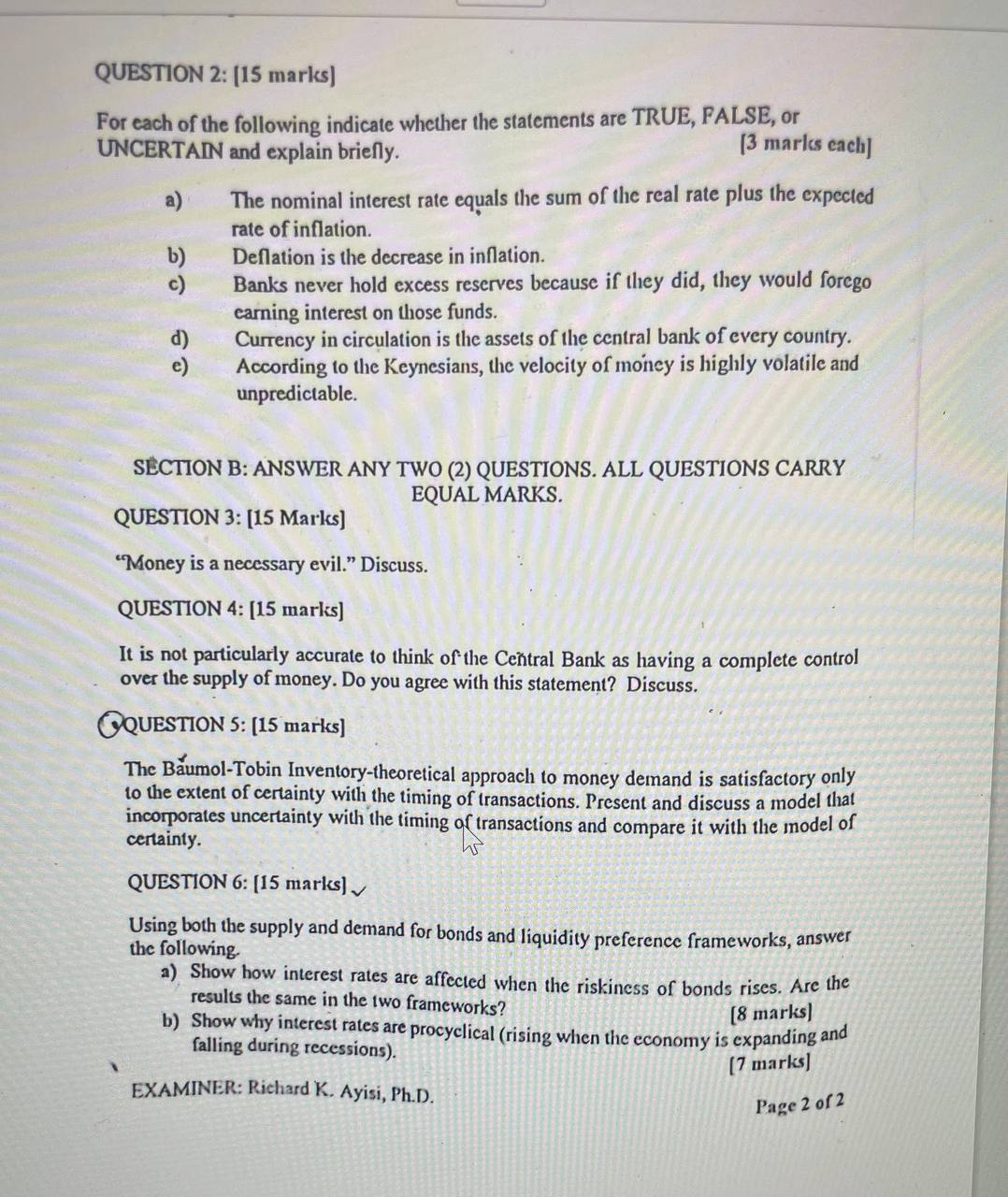 QUESTION 2 : [ 1 5 marks ] For each of the