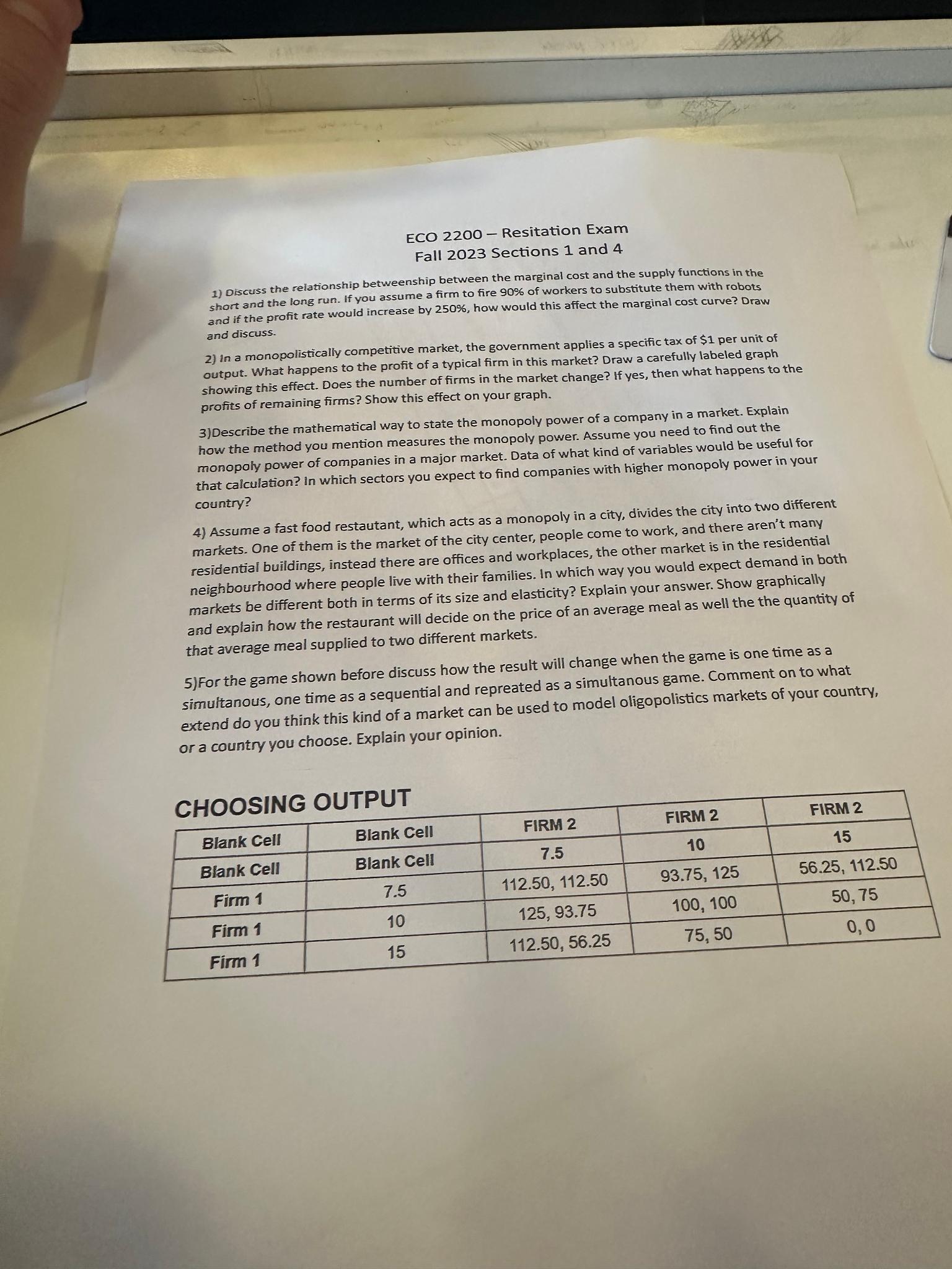 ECO 2 2 0 0 - Resitation Exam Fall 2 0 2 3