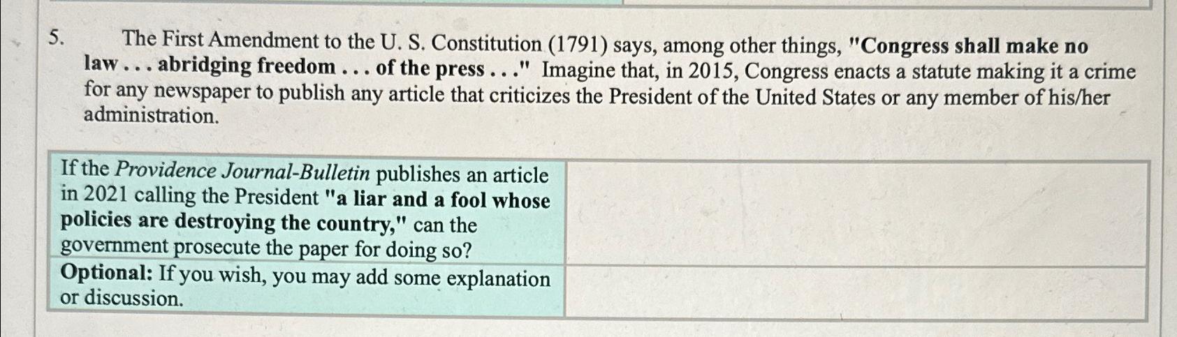 The First Amendment to the U . S . Constitution (