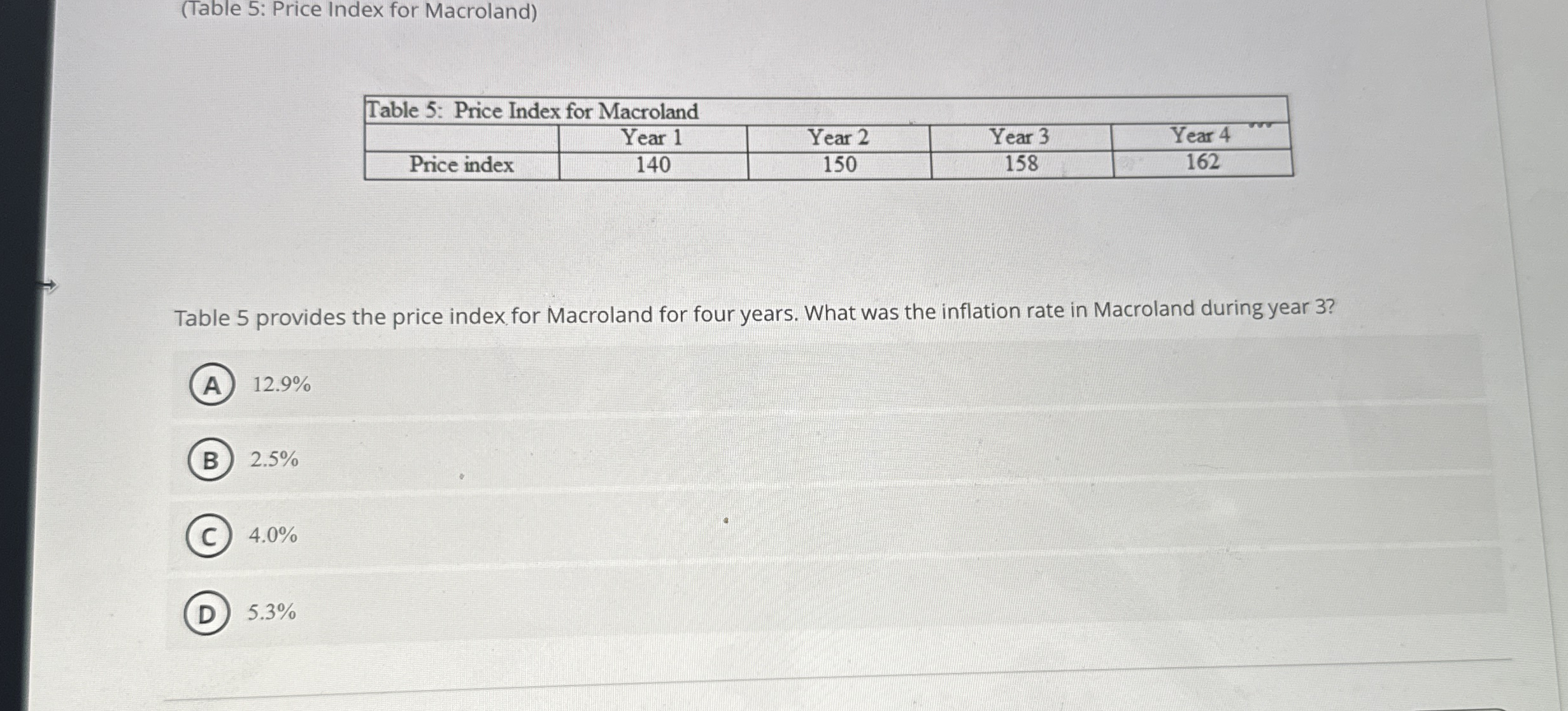 ( Table 5 : Price Index for Macroland ) \ table [