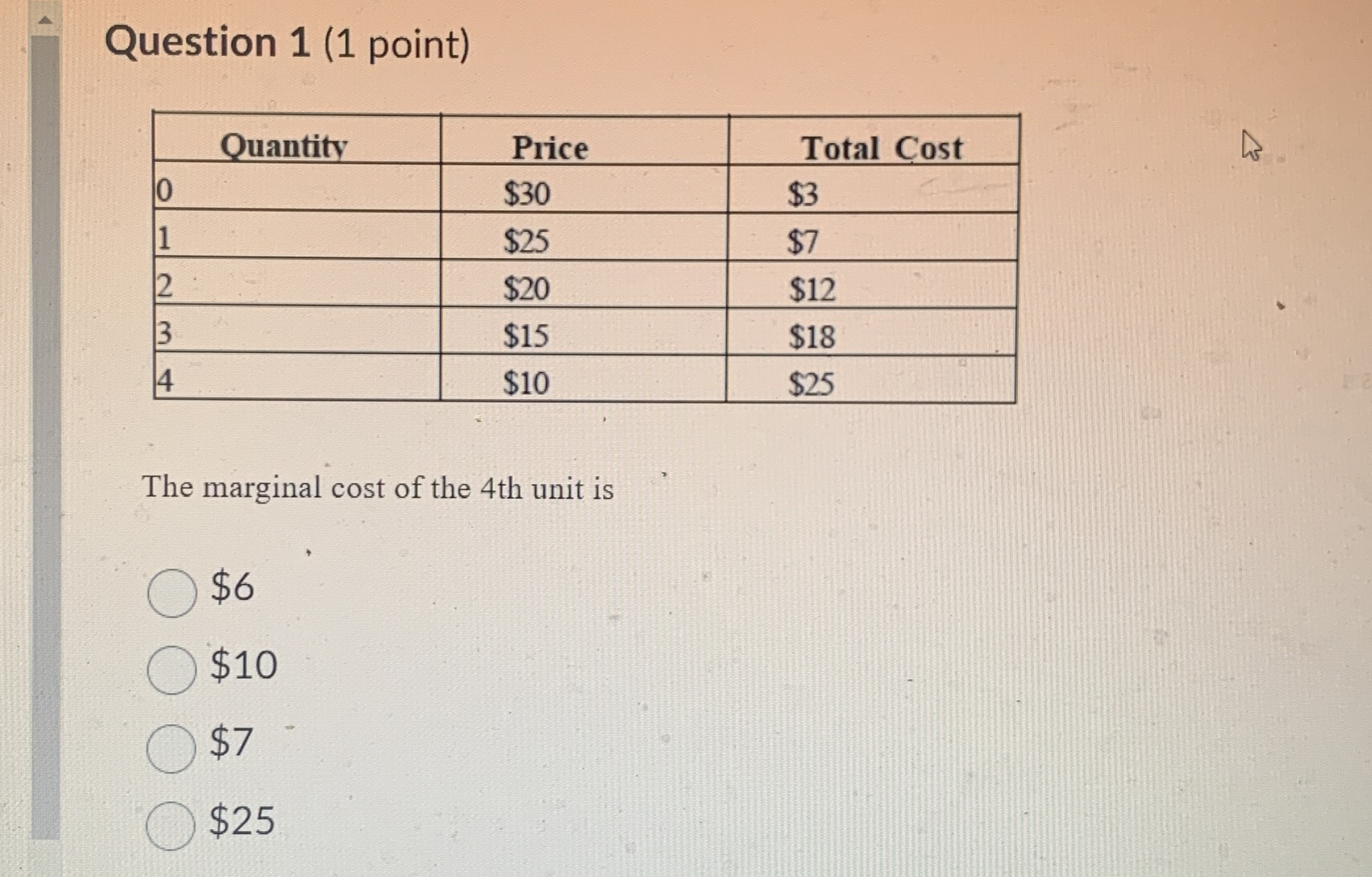 Question 1 ( 1 point ) \ table [ [ Quantity ,