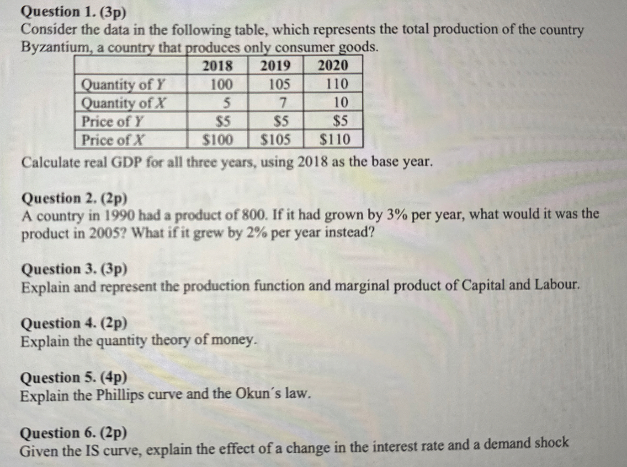 Question 1 . ( 3 p ) Consider the data in the