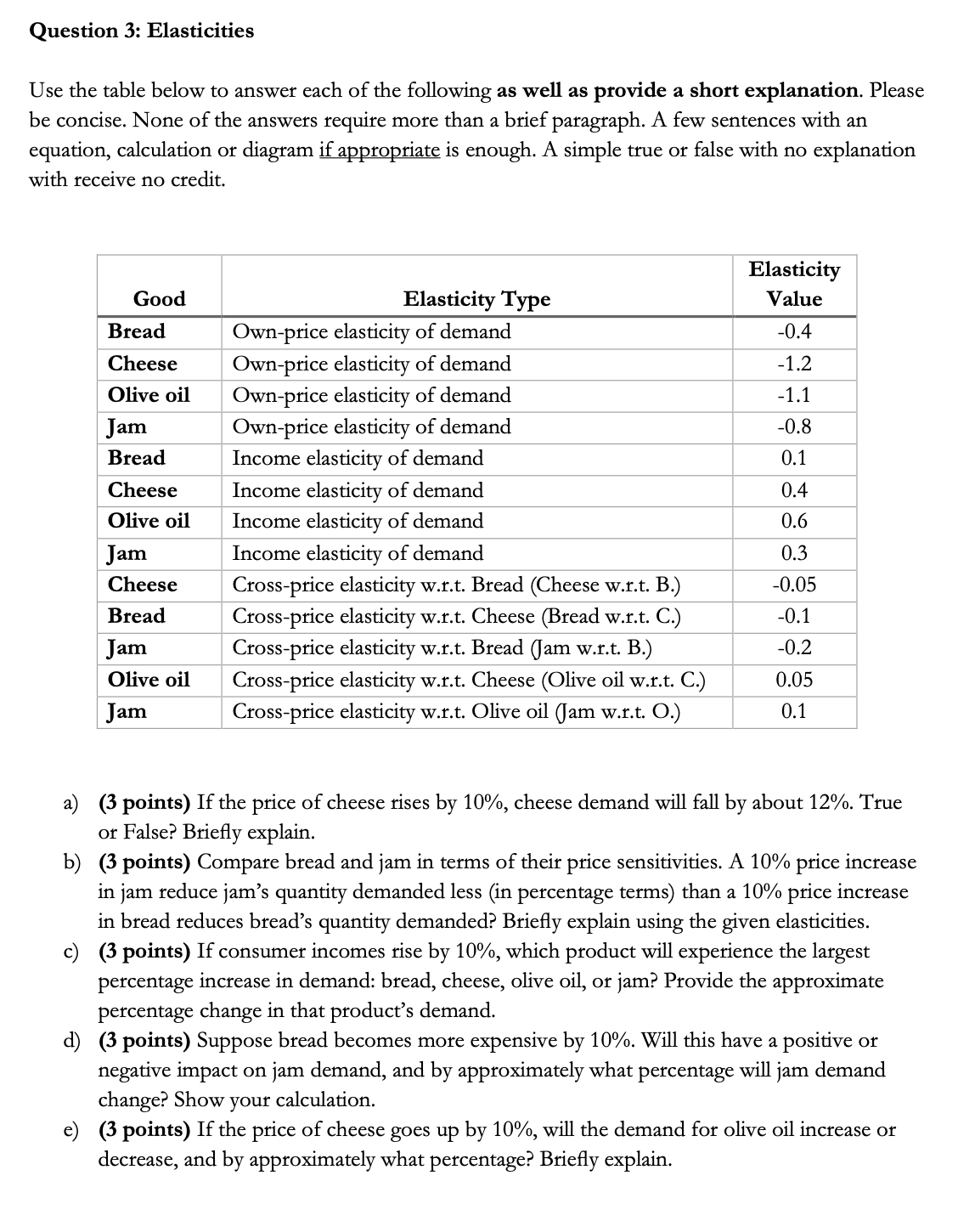 Question 3 : Elasticities Use the table below to