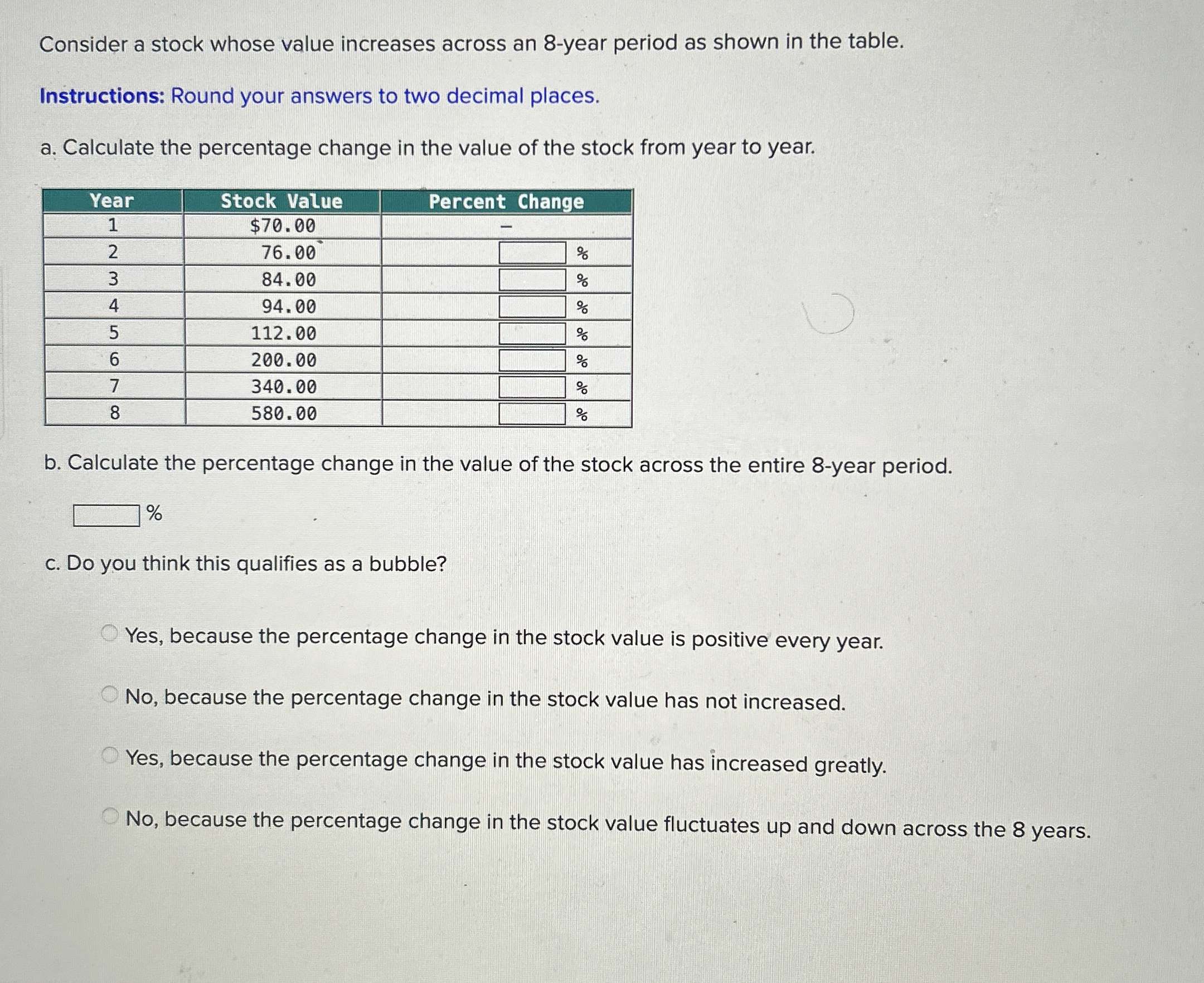 Consider a stock whose value increases across an