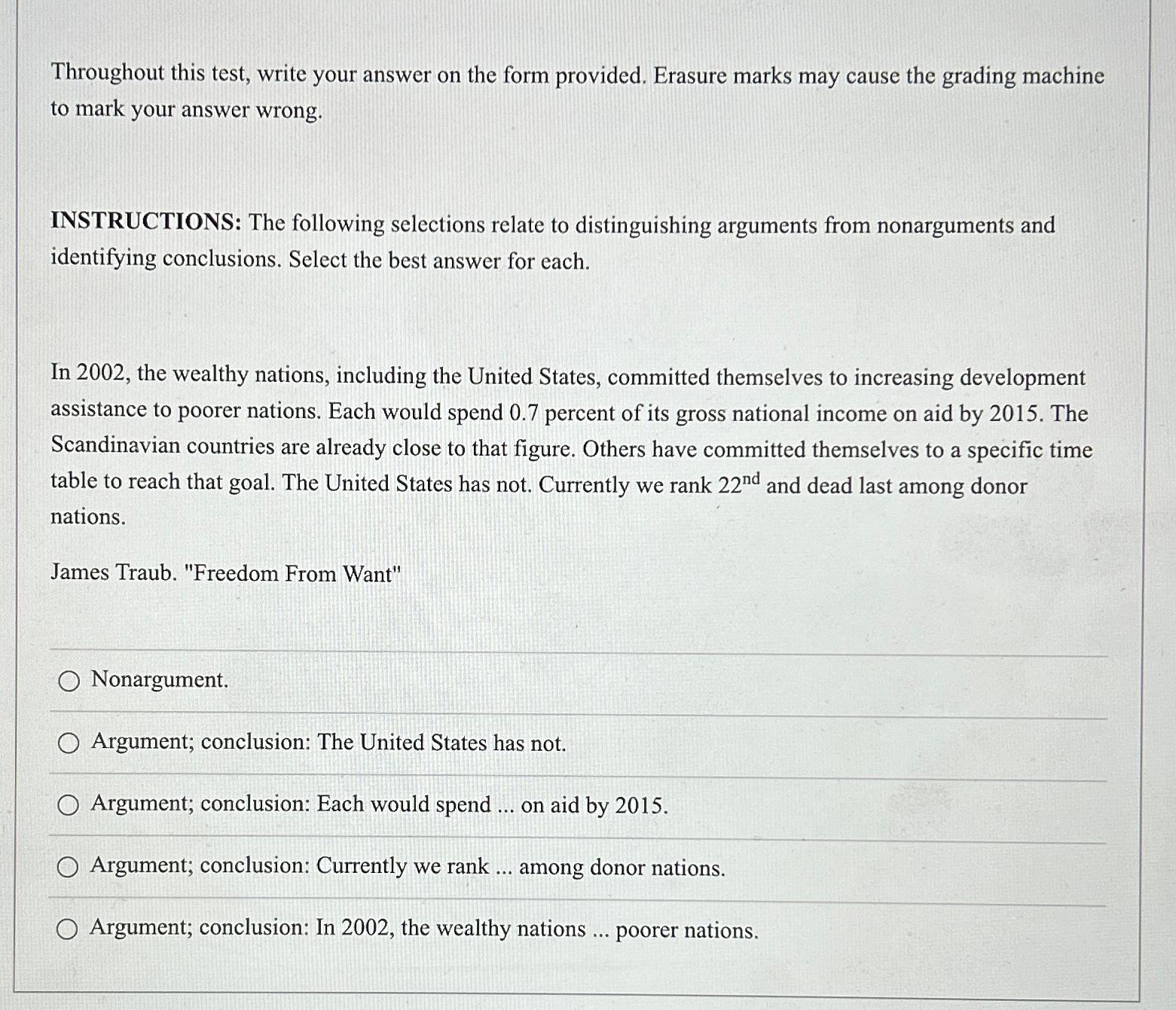 Throughout this test, write your answer on the