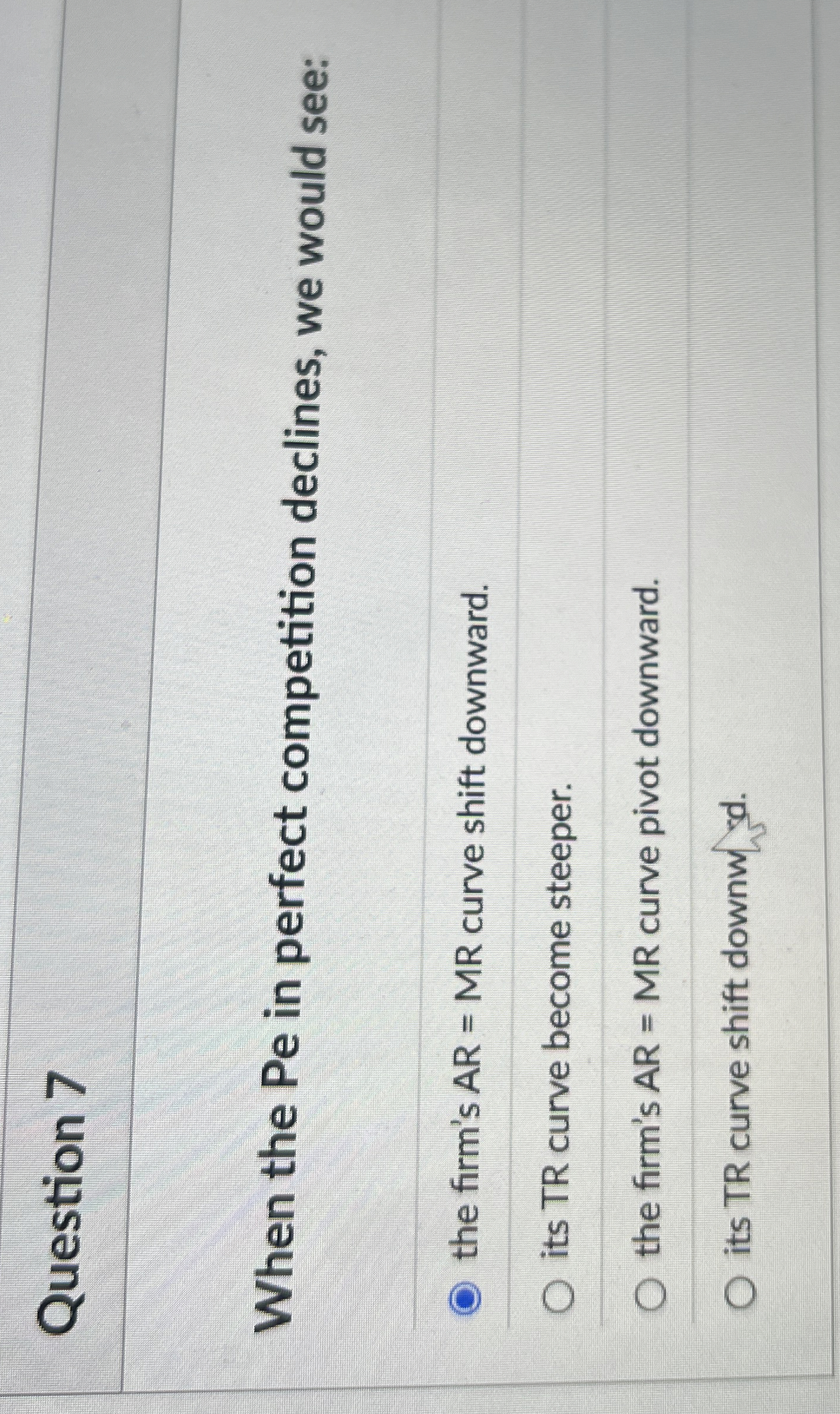 Question 7 When the Pe in perfect competition