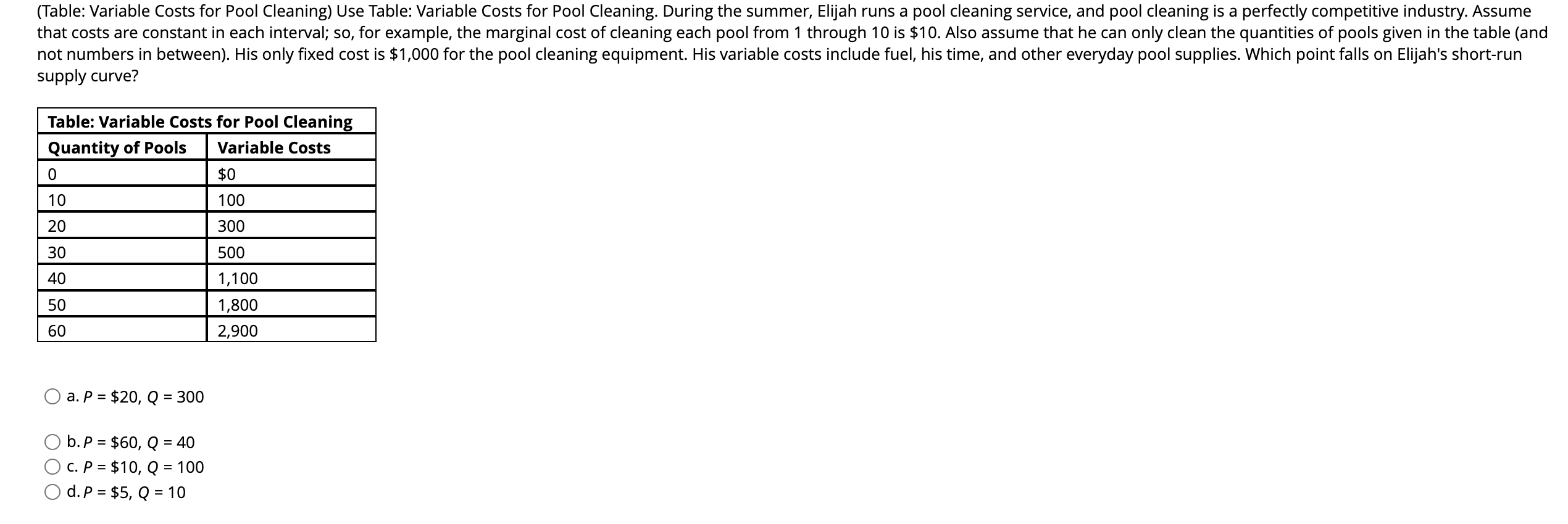 ( T a b l e : Variable Costs for Pool Cleaning )