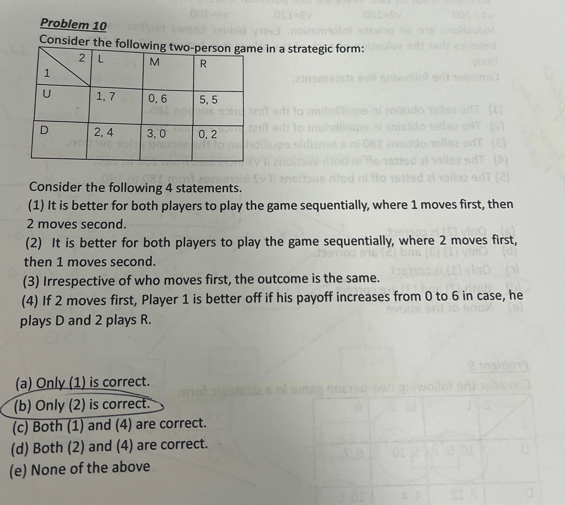 Problem 1 0 Consider the following two - person