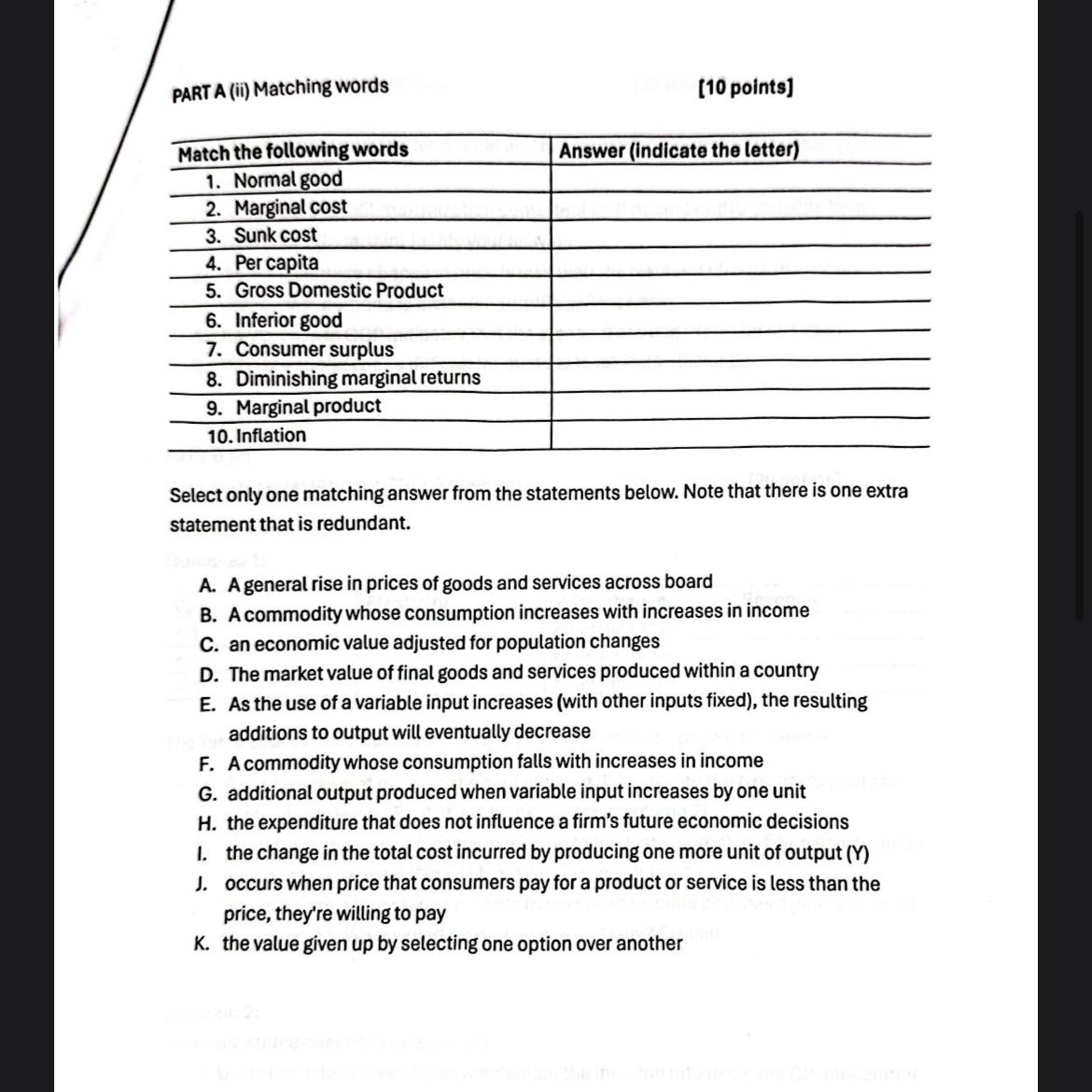 PART A ( i i ) Matching words [ 1 0 points ] M a