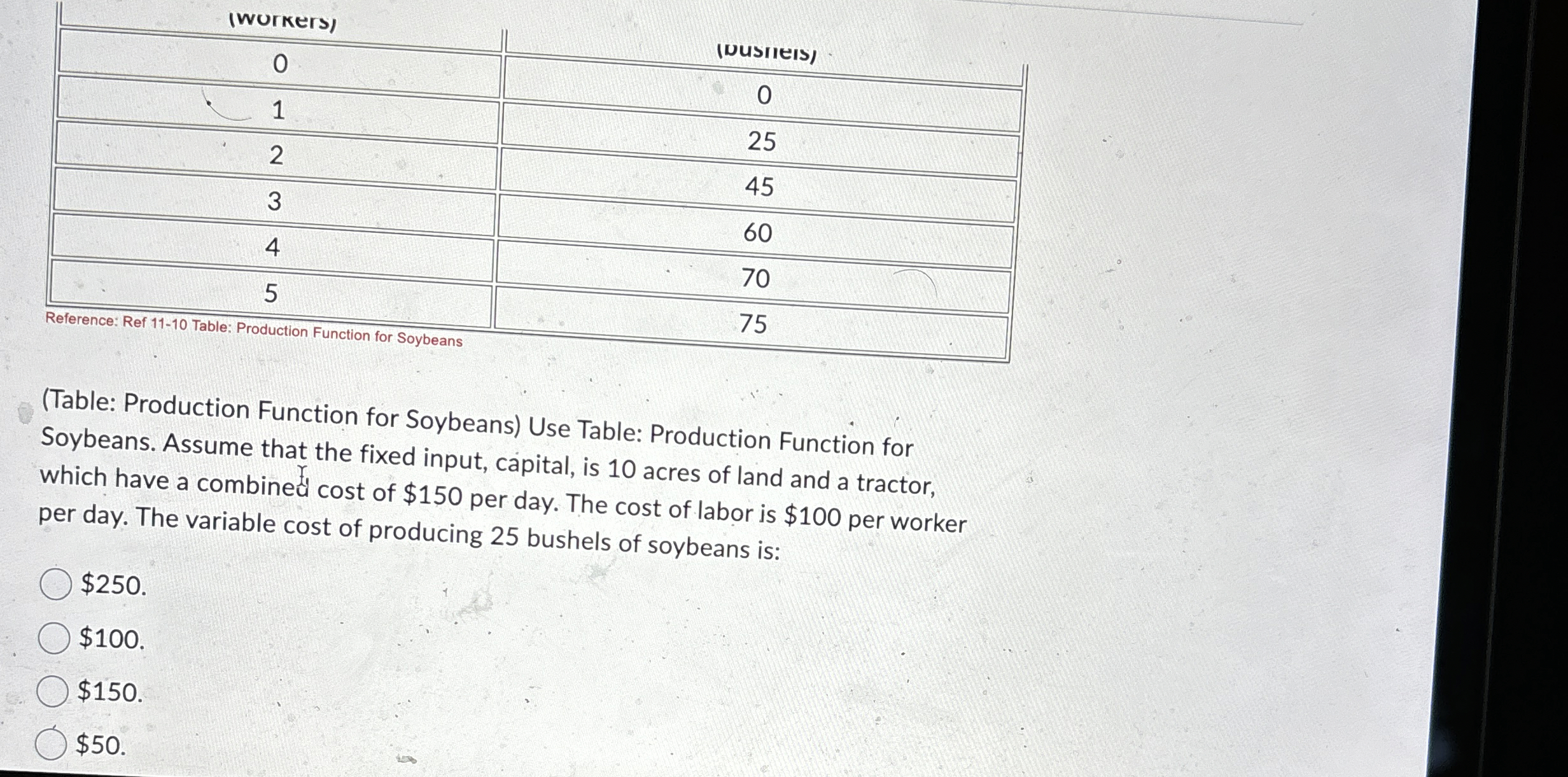 ( wurkers ) ( Table: Production Function for