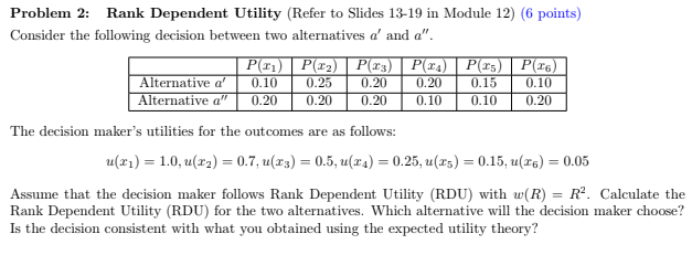 Problem 2 : Rank Dependent Utility ( R e f e r t