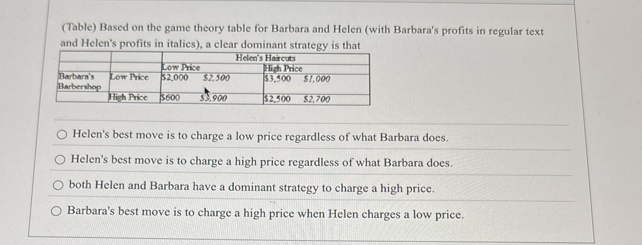 ( Table ) Based on the game theory table for
