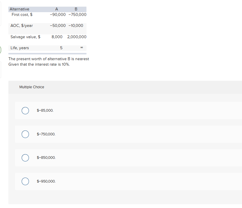 The present worth of alternative \ ( B \ ) is