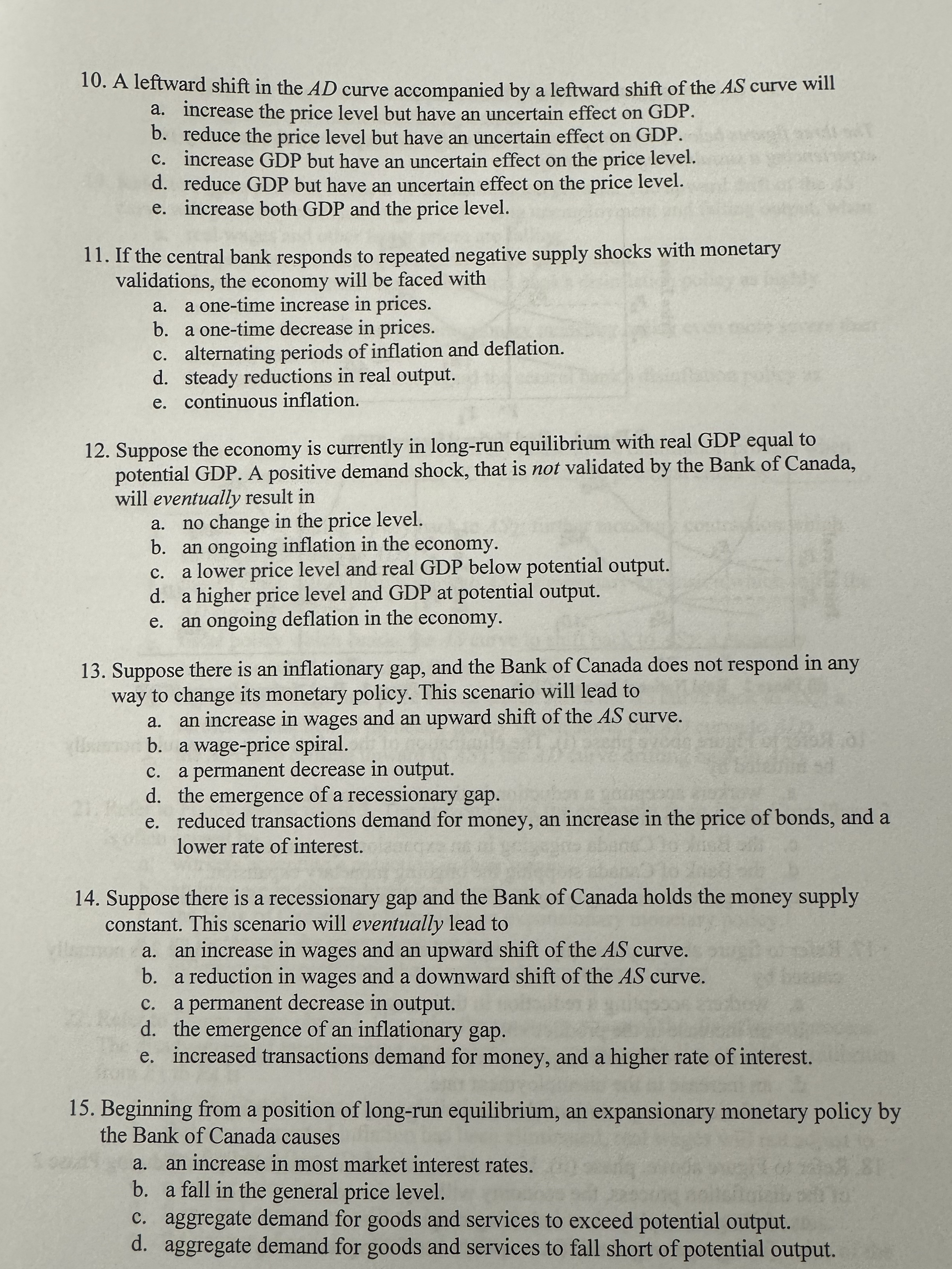 A leftward shift in the A D curve accompanied by